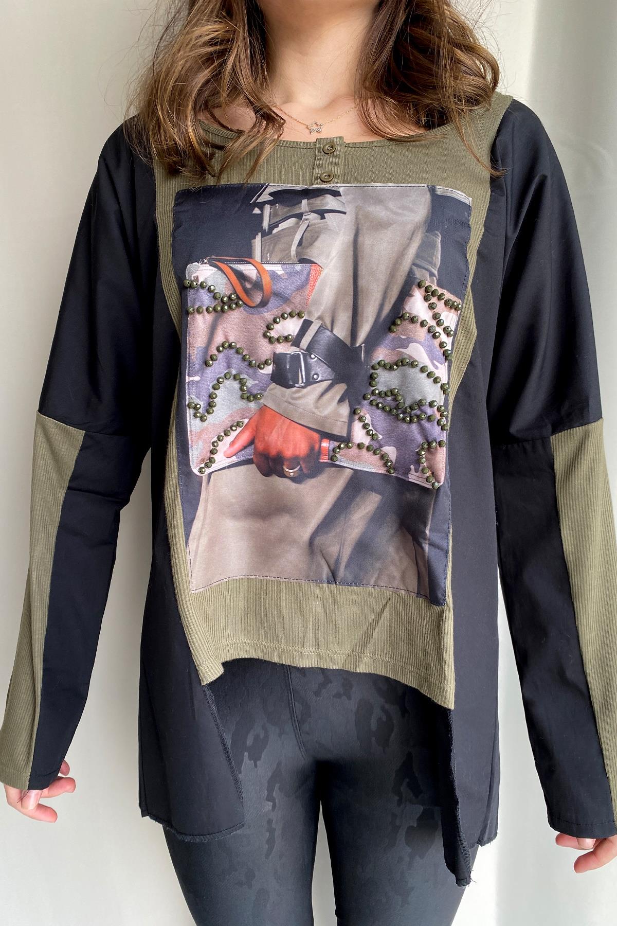 BASKI VE TAŞ DETAYLI BLUZ YEŞİL