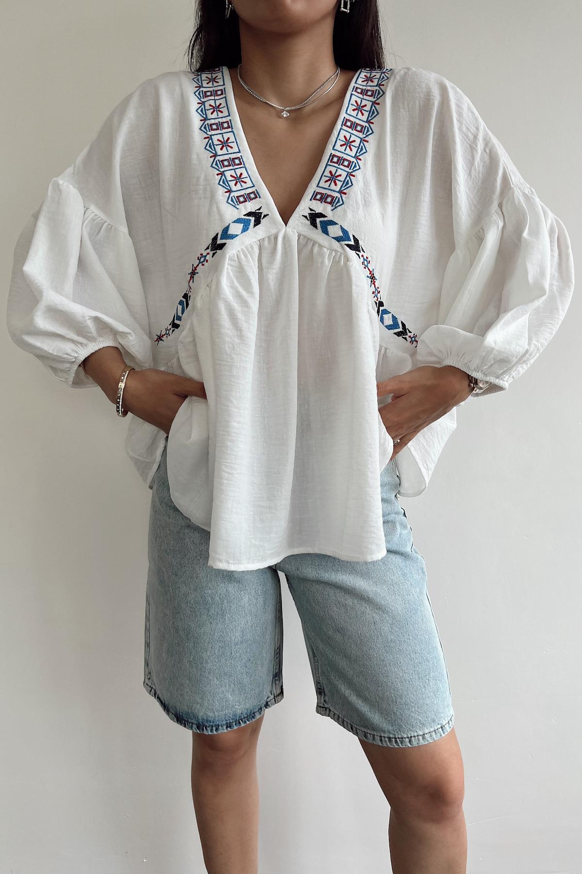 LINEN EMBROIDERED BALLOON SLEEVE BLOUSE