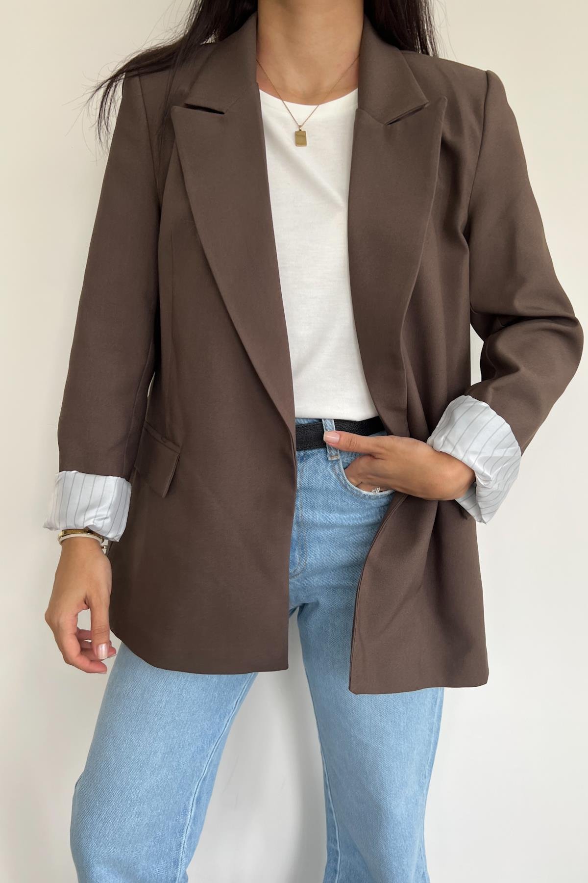 ASTARI ÇİZGİLİ CEKET KAHVE