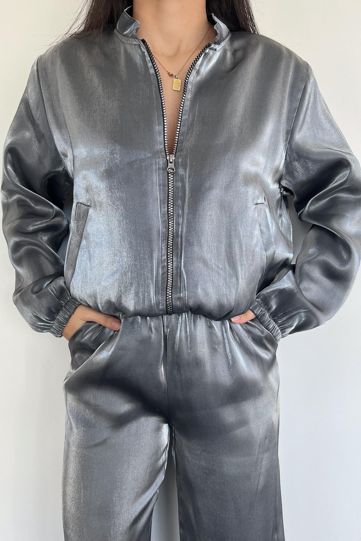 METALİK GÖRÜNÜMLÜ BOMBER CEKET GRİ