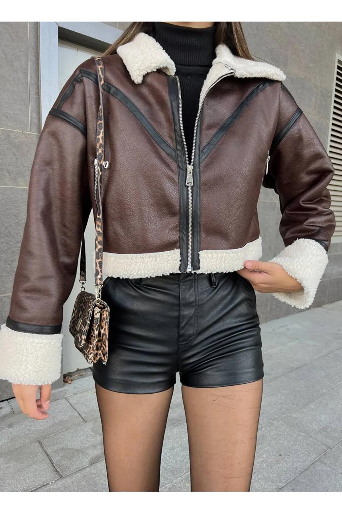 TEDY BİYELİ DERİ CROP CEKET KAHVE