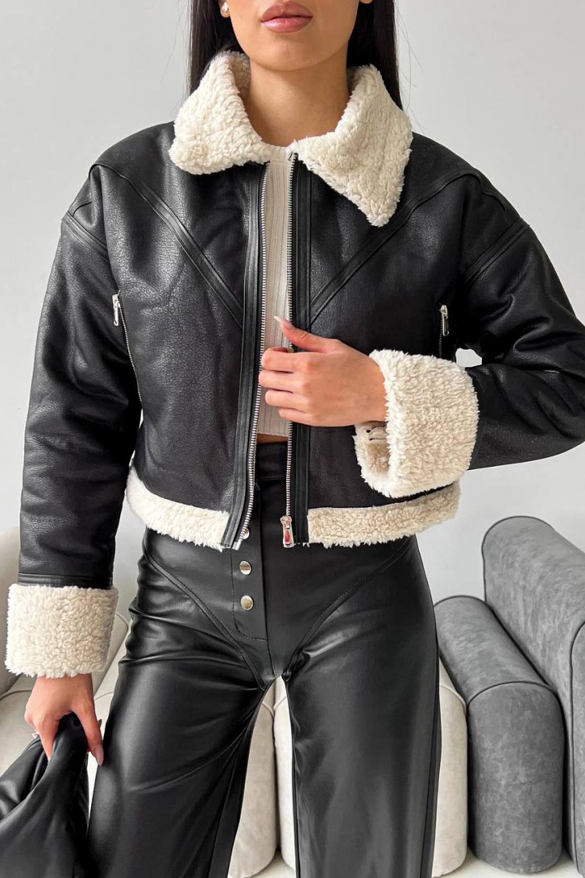 سترة جلدية قصيرة بحزام تيدي