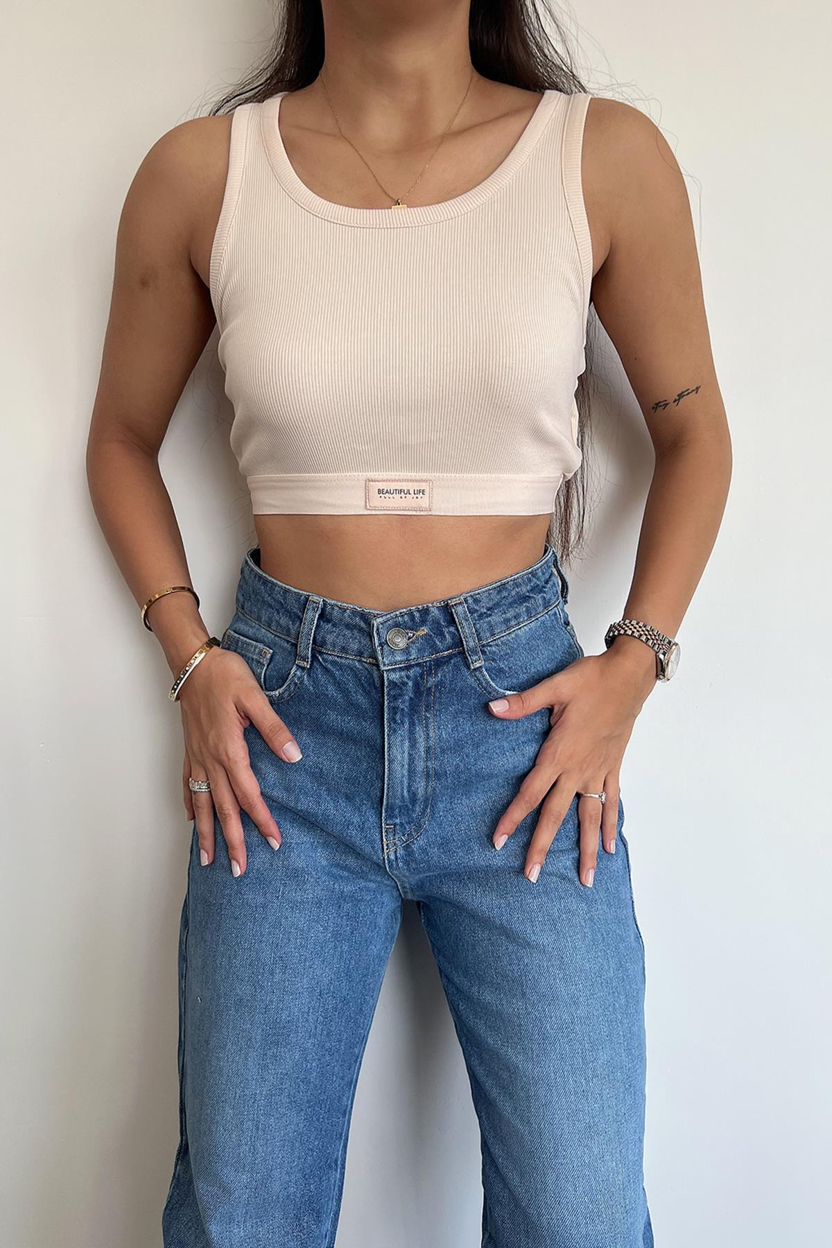 FITILLI HALTER YAKA CROP BLUZ BEJ