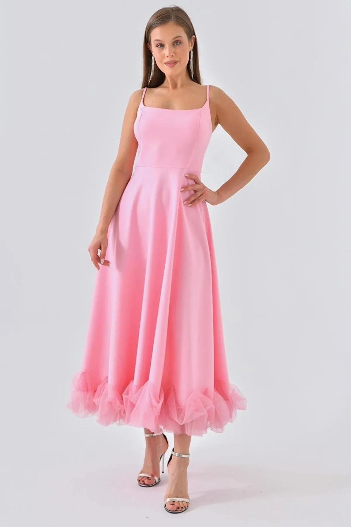 Atlas Kumaş İnce Askılı Etekucu Tül Detay Midi Boy Kloş Kesim Pembe Mezuniyet Elbisesi 9326 PEMBE