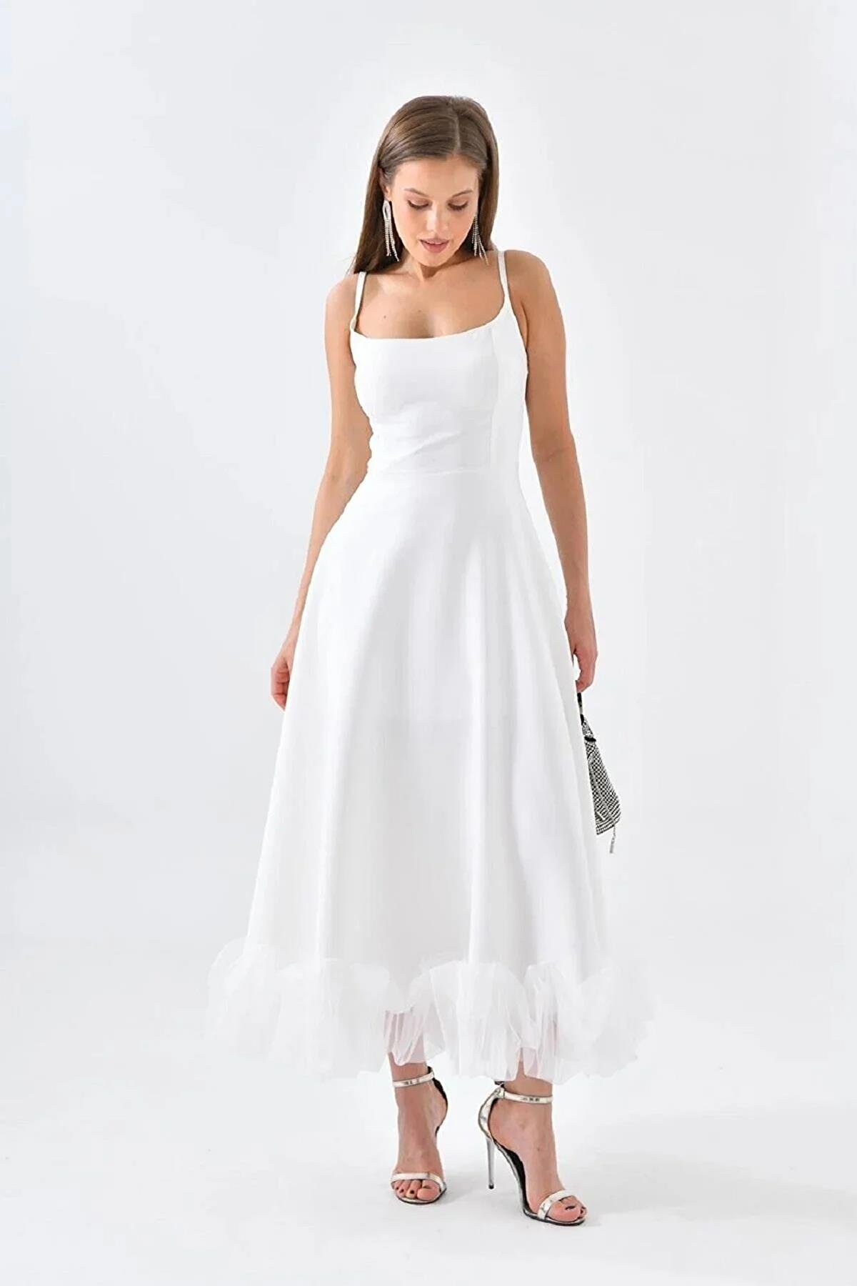 Atlas Kumaş İnce Askılı Etekucu Tül Detay Midi Boy Kloş Kesim Pembe Mezuniyet Elbisesi 9326 BEYAZ