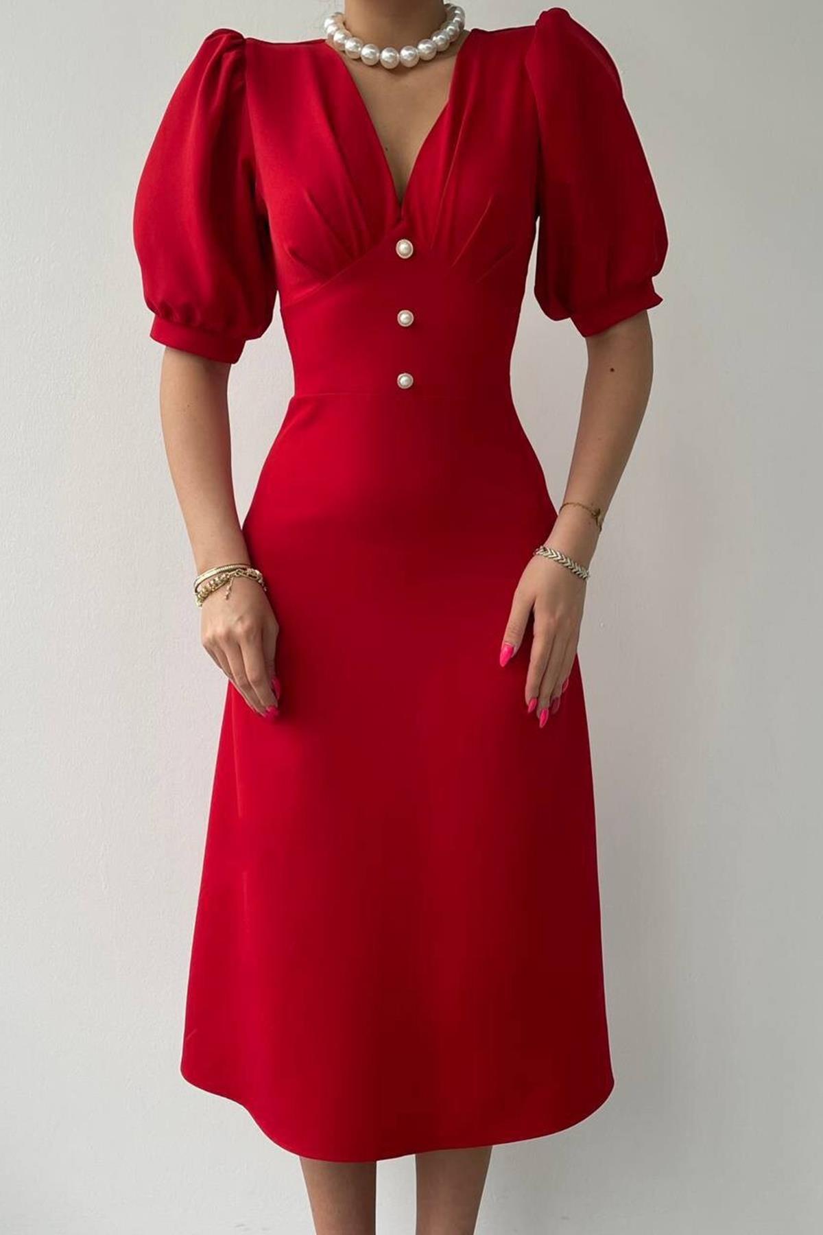 BALON KOL ÖNÜ DÜĞME DETAY MİDİ BOY ELBİSE KIRMIZI