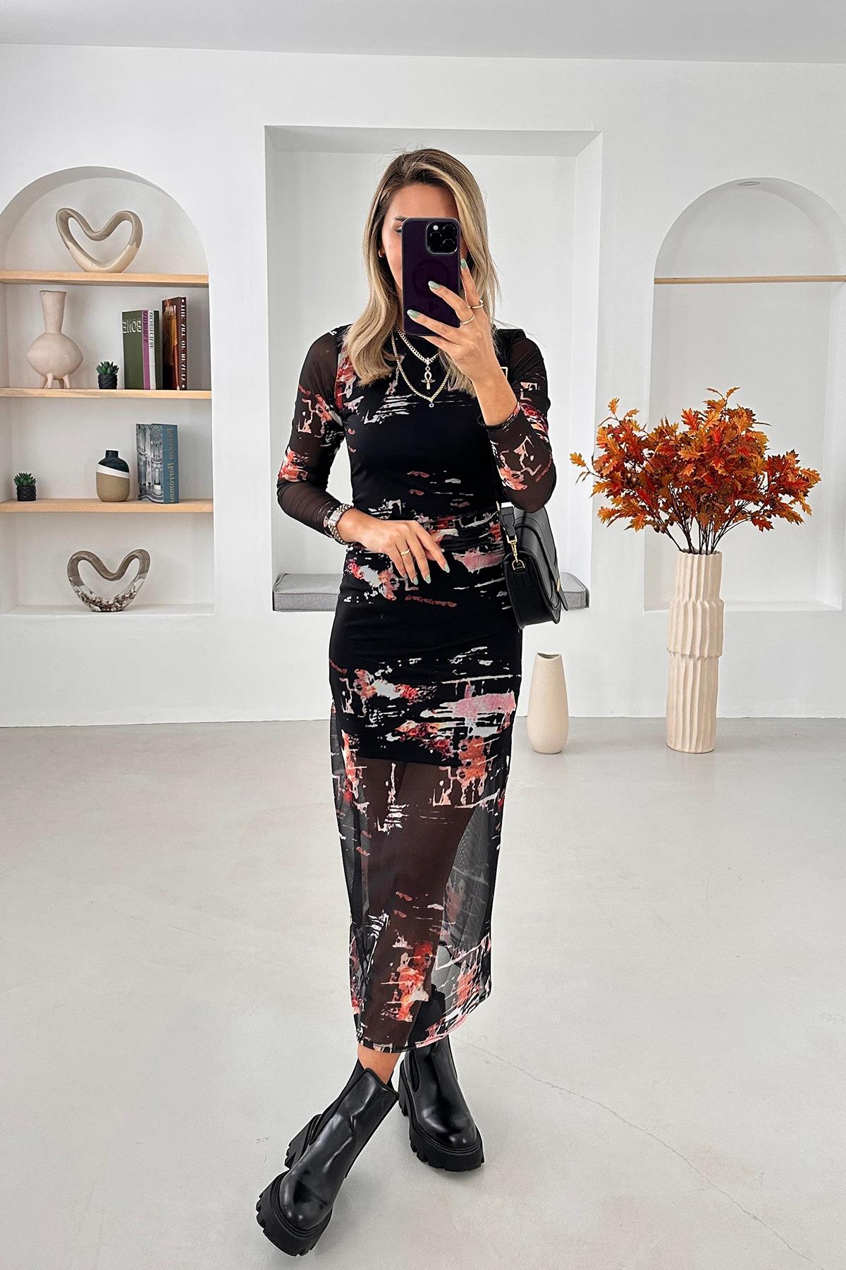 BATİK DESENLİ ASTARLI TÜL ELBİSE KIRMIZI-SİYAH