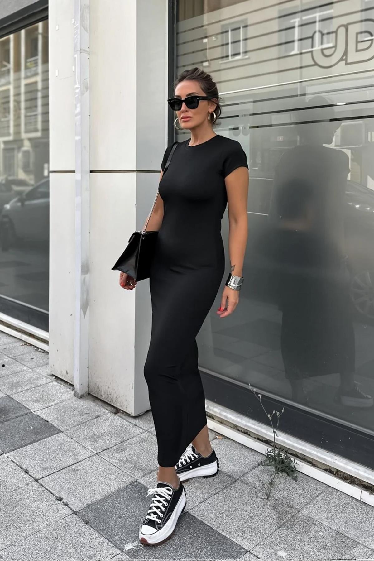 BİSİKLET YAKA KISA KOLLU MAXİ BOY ELBİSE SİYAH