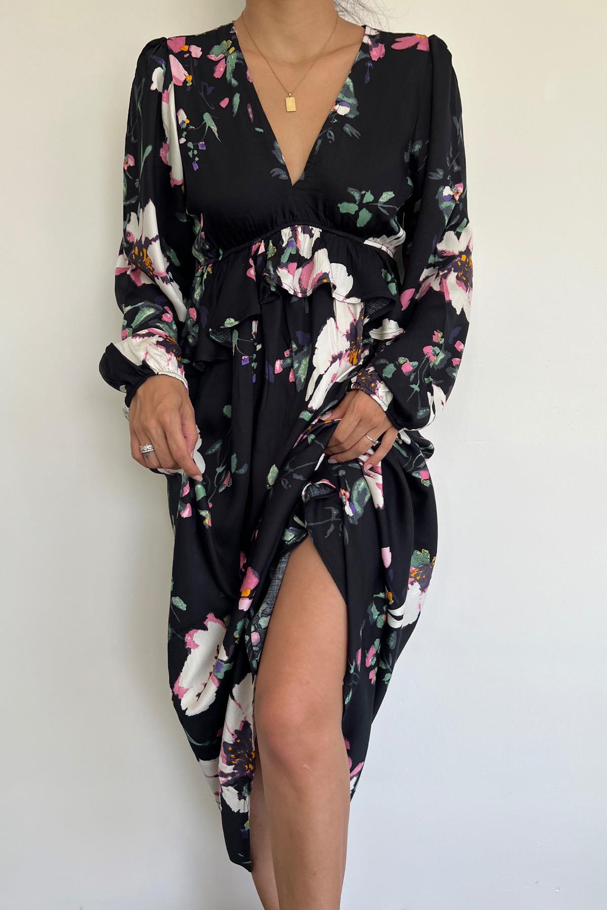 Çiçek ve Yaprak Desenli Uzun Kollu Elbise SİYAH