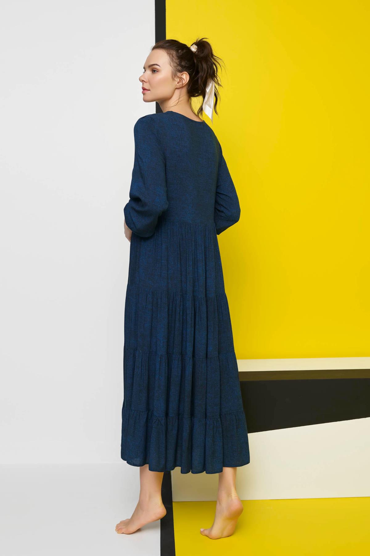 Desenli Önü Düğmeli Dökümlü Truvakar Kollu Elbise LACİVERT