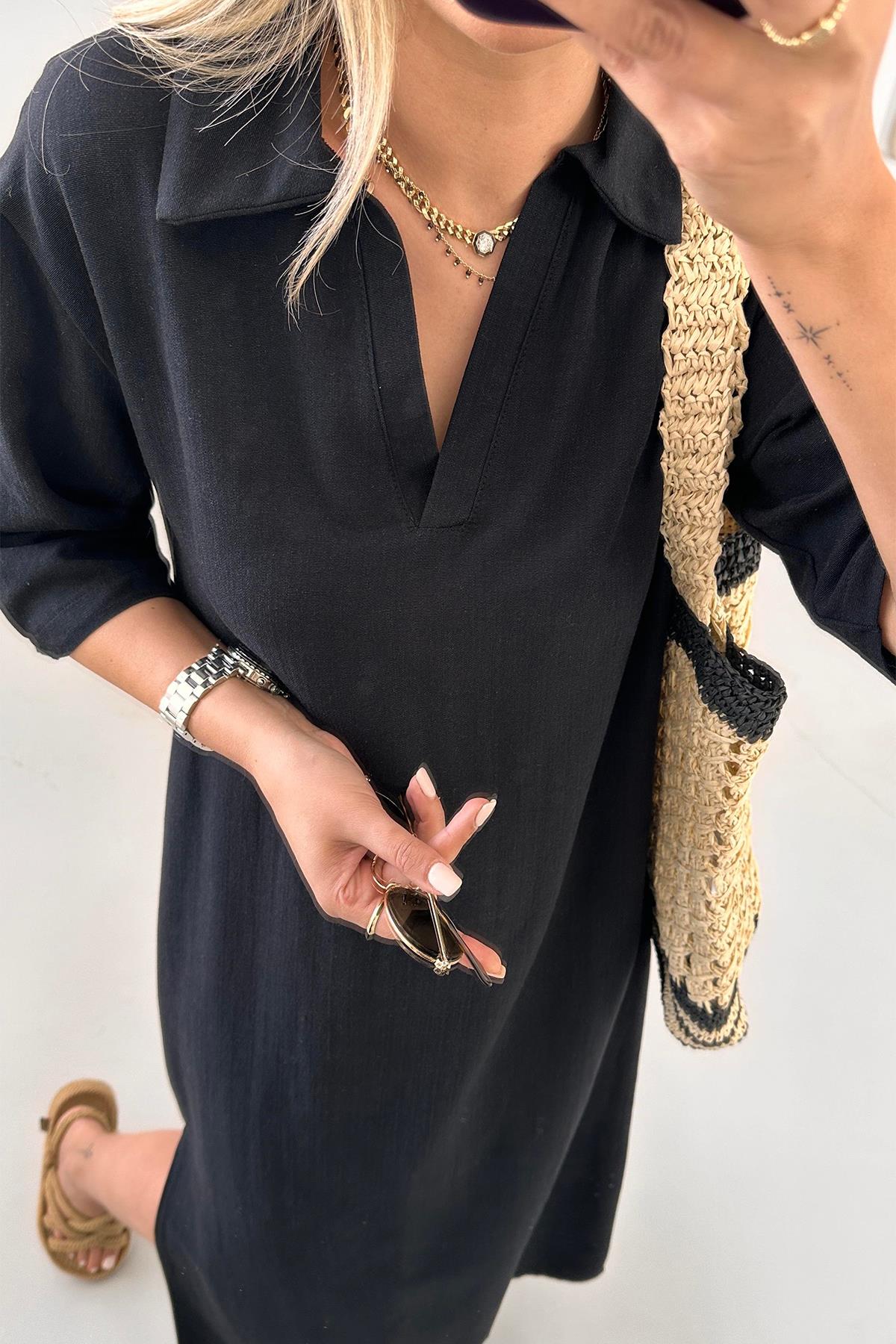 KETEN GÖMLEK ELBİSE SİYAH