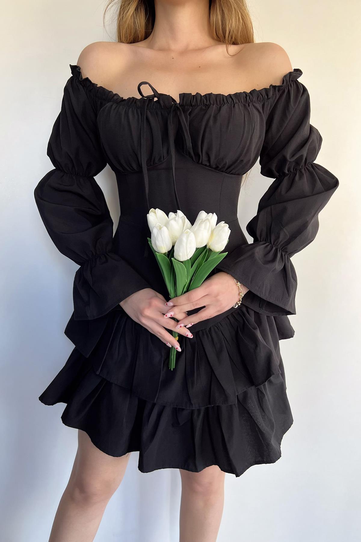 MADONNA YAKA FIRFIRLI ELBİSE SİYAH