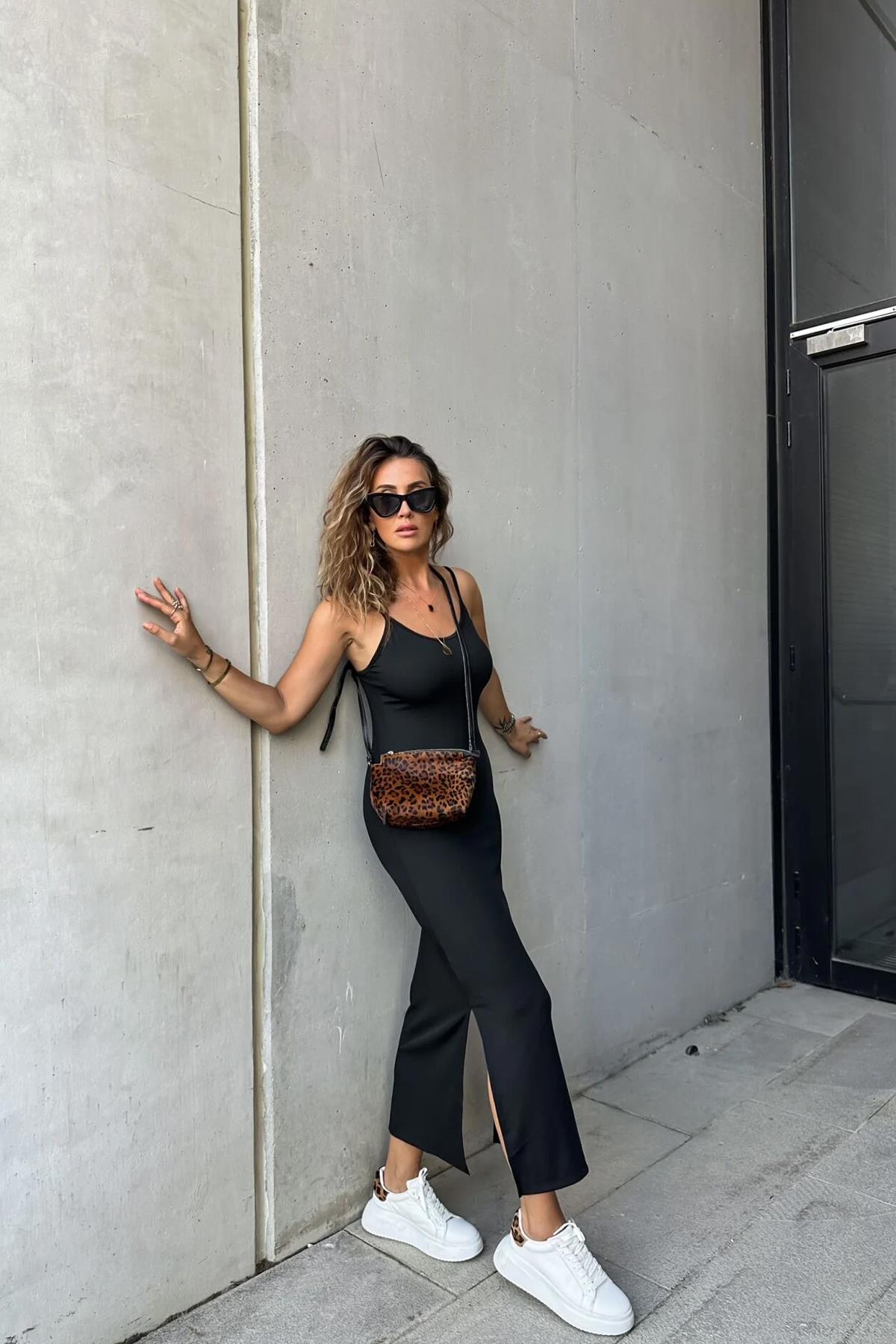 ÖNÜ ARKASI V YAKA ASKILI ELBİSE SİYAH