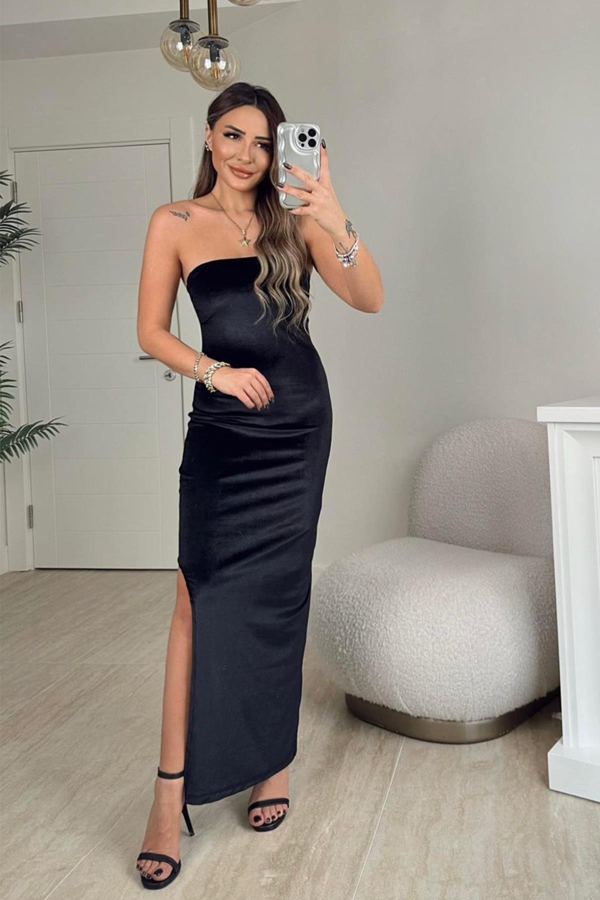 STRAPLEZ KADİFE ELBİSE SİYAH