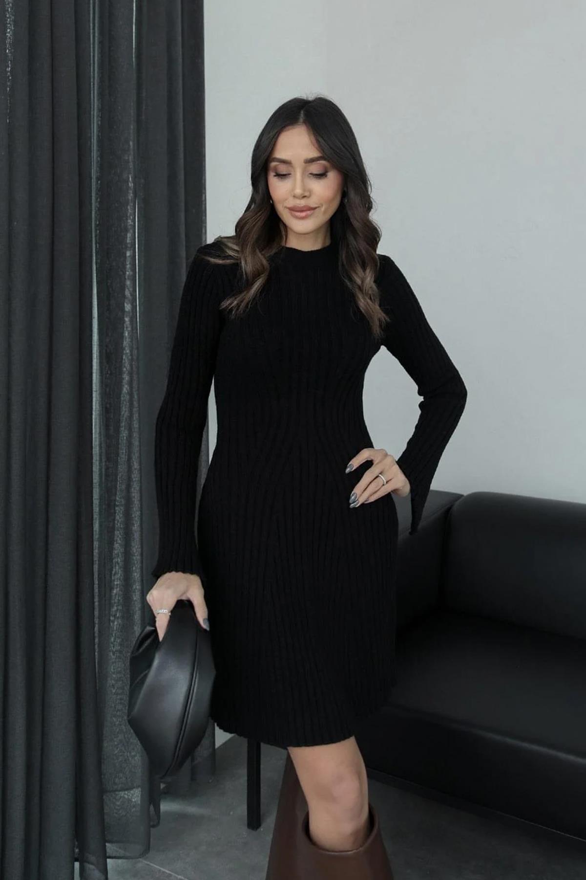 UZUN KOLLU TRİKO FİT ELBİSE SİYAH