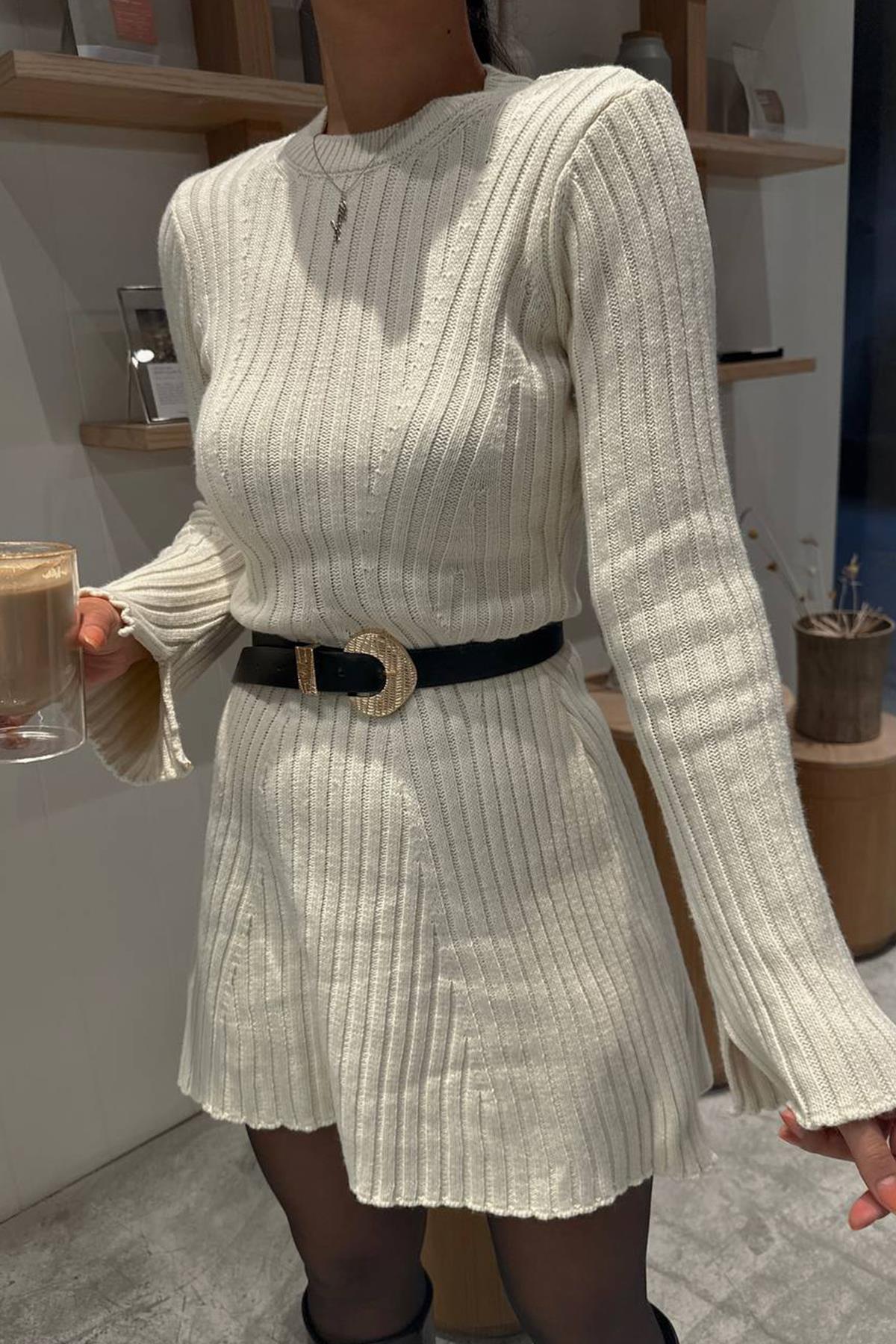 UZUN KOLLU TRİKO FİT ELBİSE TAŞ