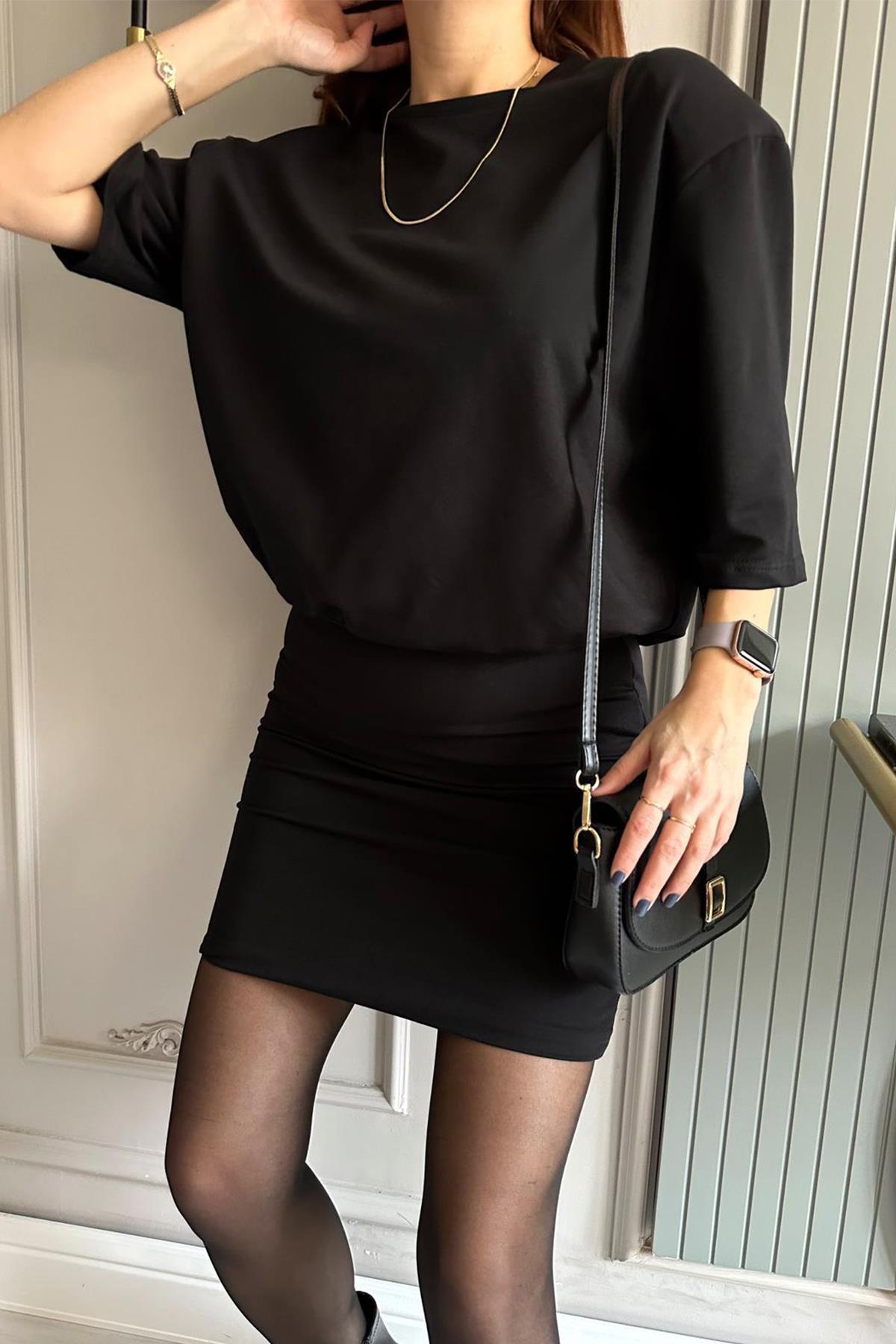 VATKALI MİNİ ELBİSE SİYAH