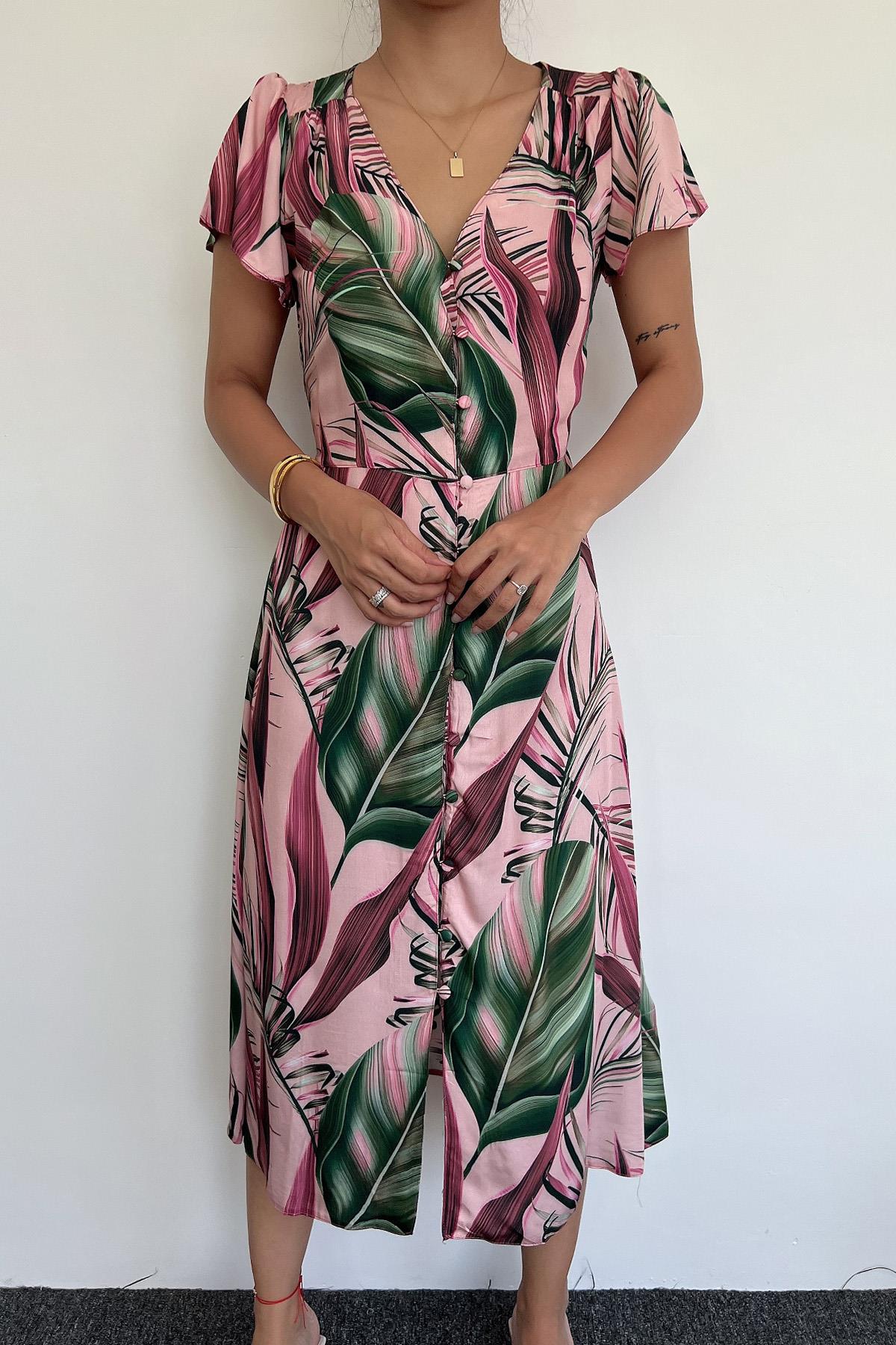 Yaprak Desenli Önü Boydan Düğmeli Parçalı Elbise VİŞNE