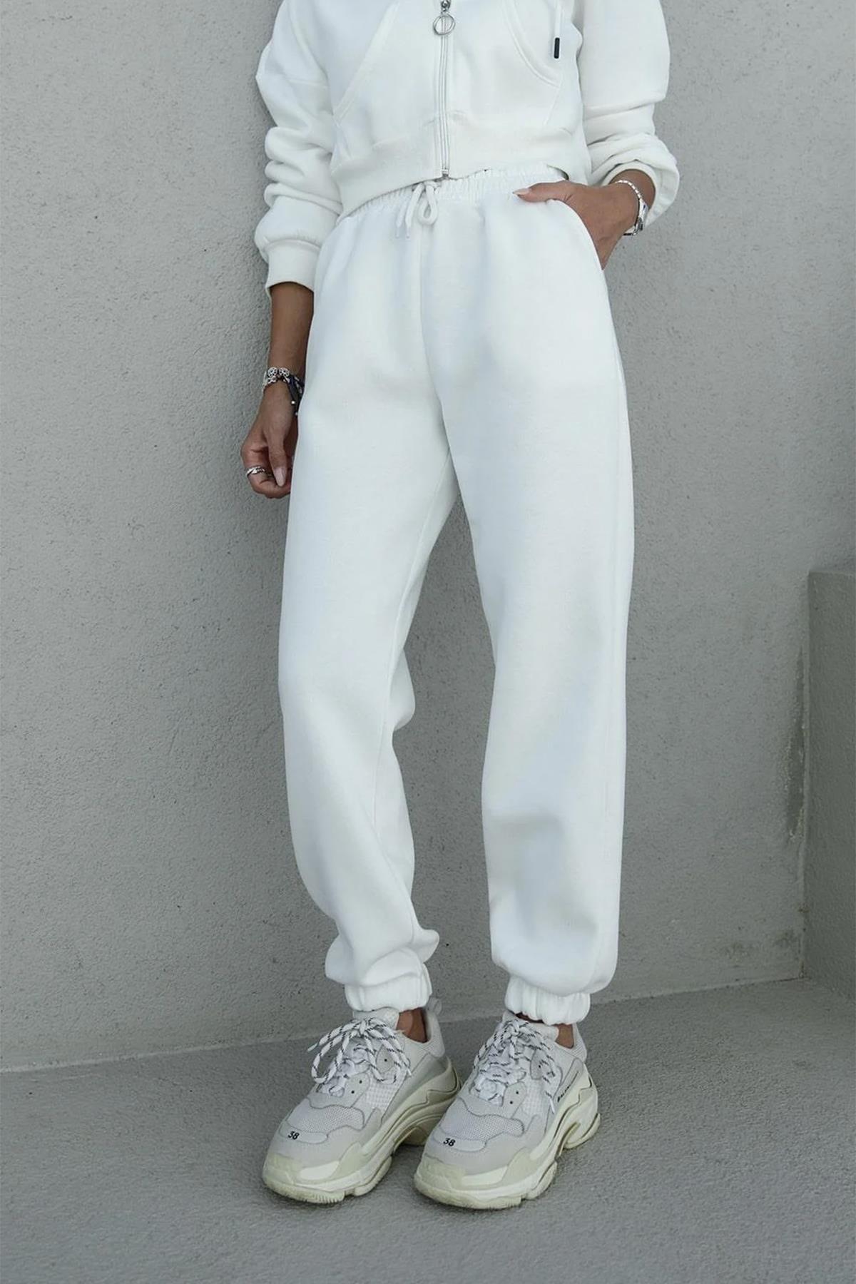 PAÇASI LASTİKLİ POLAR EŞOFMAN ALTI BEYAZ