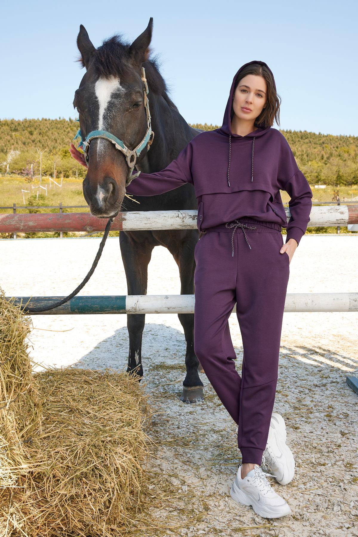 Bağcık Detaylı Kapüşonlu Eşofman Takımı MOR