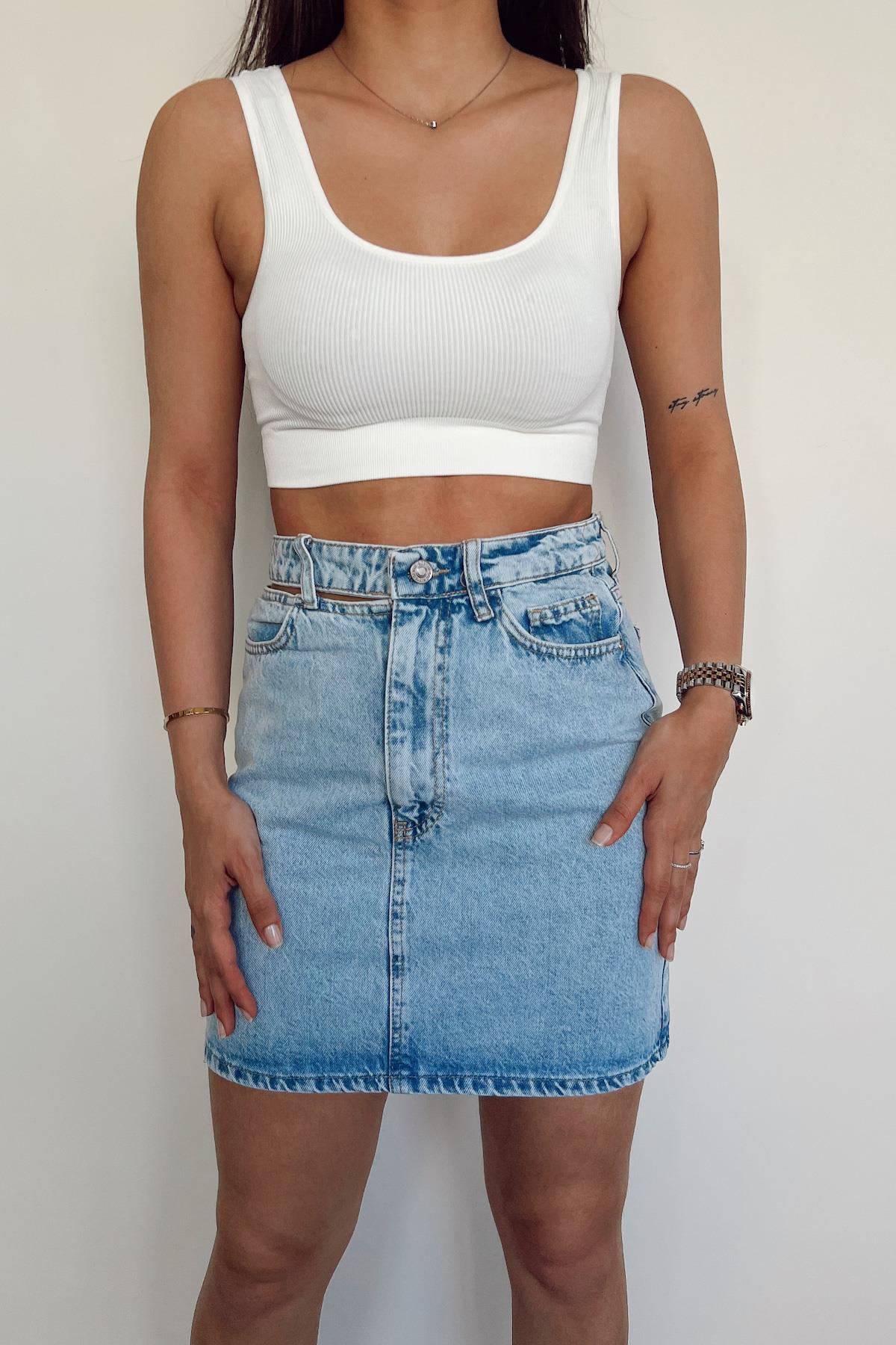 WAIST DETAILED SHORT DENIM SKIRT