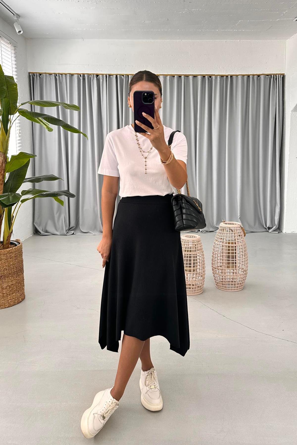 BELİ LASTİKLİ ASİMETRİK KESİM ETEK SİYAH