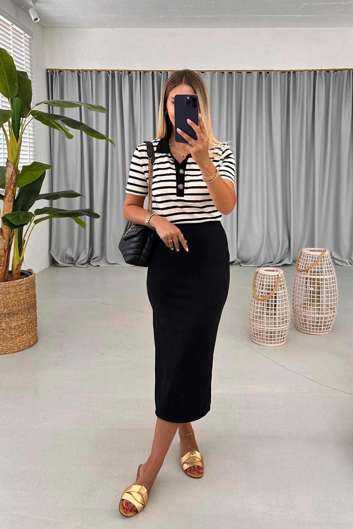 BELİ LASTİKLİ ETEĞİ YIRTMAÇLI ETEK SİYAH