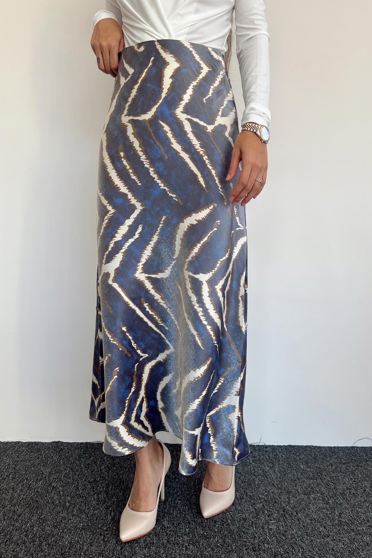 BELİ LASTİKLİ SATEN ETEK MAVİ