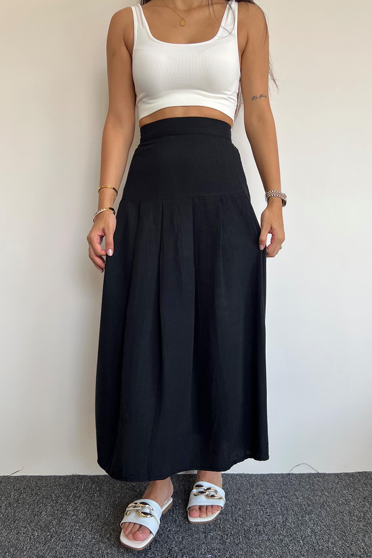 ÖNÜ FIRFIRLI KETEN ETEK SİYAH