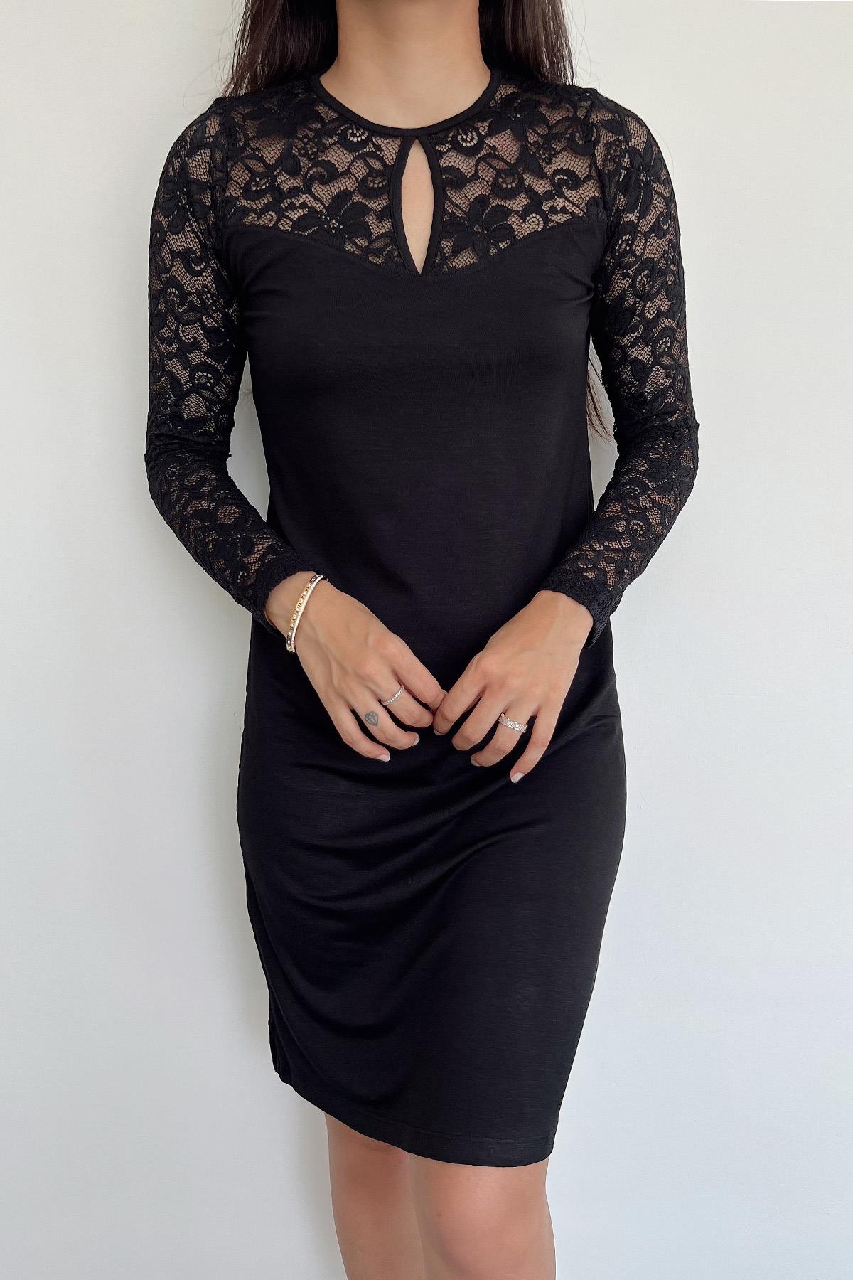 Yakası Damla Detaylı Dantelli Gecelik SİYAH