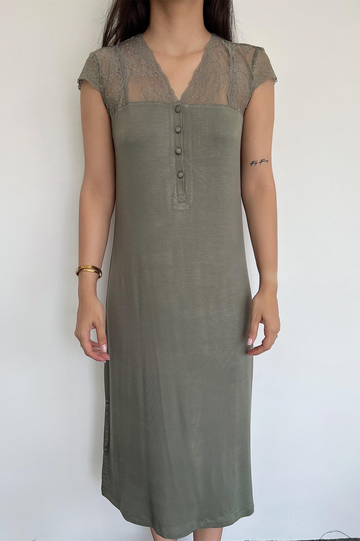 Yakası Kolu ve Omzu Brode Dantelli Önü Düğmeli Gecelik HAKİ