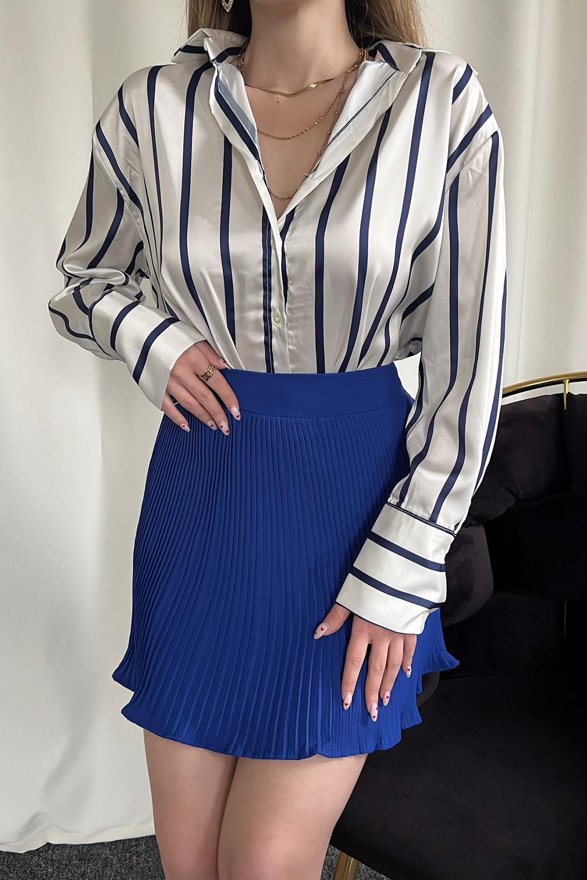 NAVY STRIPED TWILL SATIN SHIRT