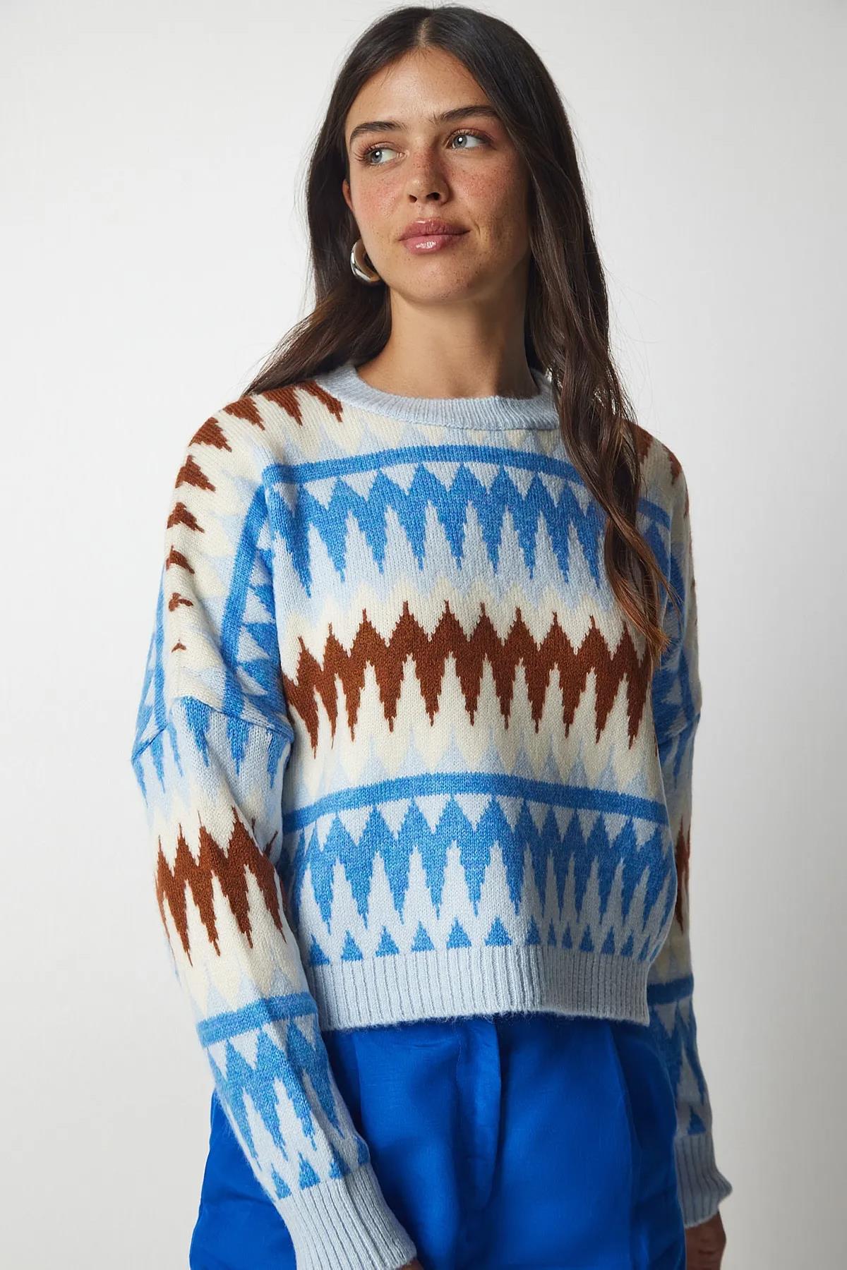 BİSİKLET YAKA DESENLİ TRİKO KAZAK BEBE MAVİ