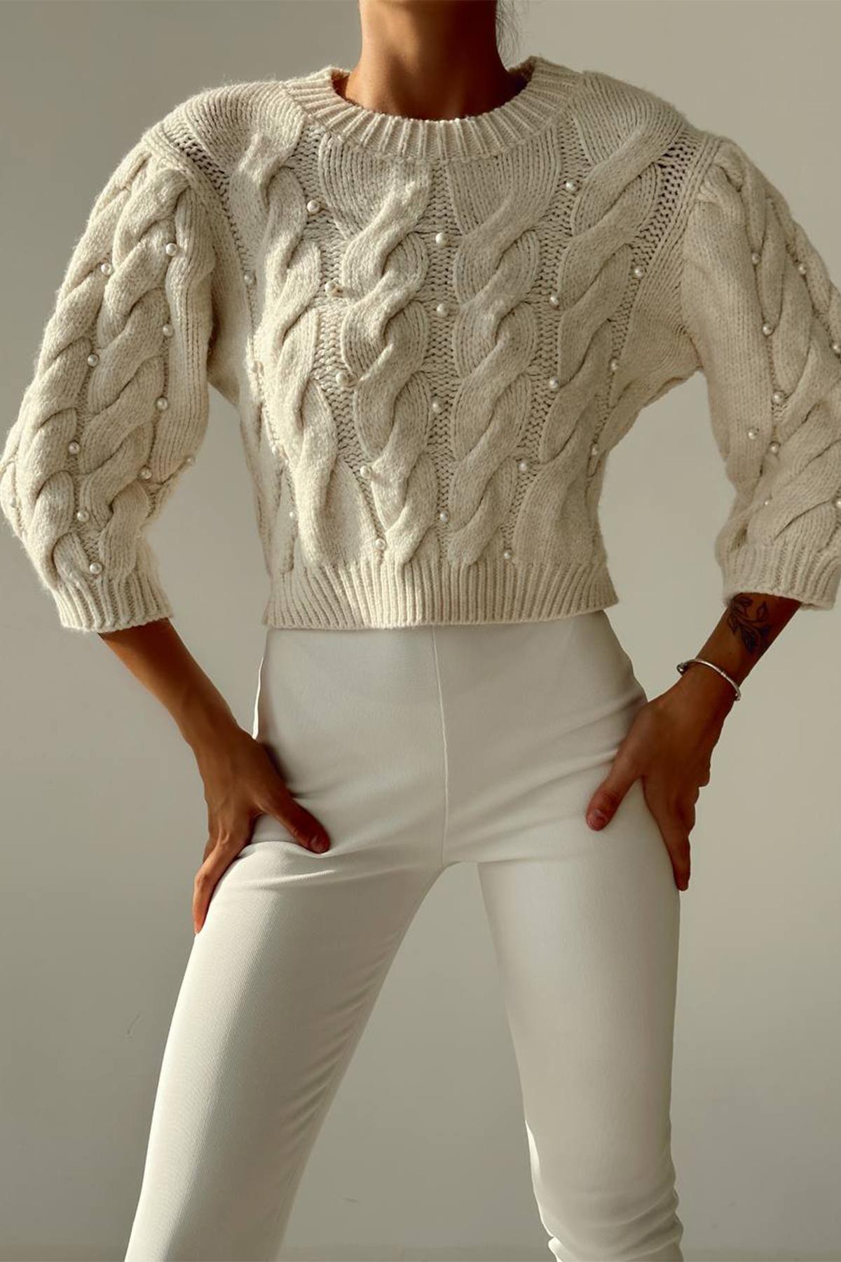 KOLLARI GENİŞ İNCİLİ CROP KAZAK EKRU