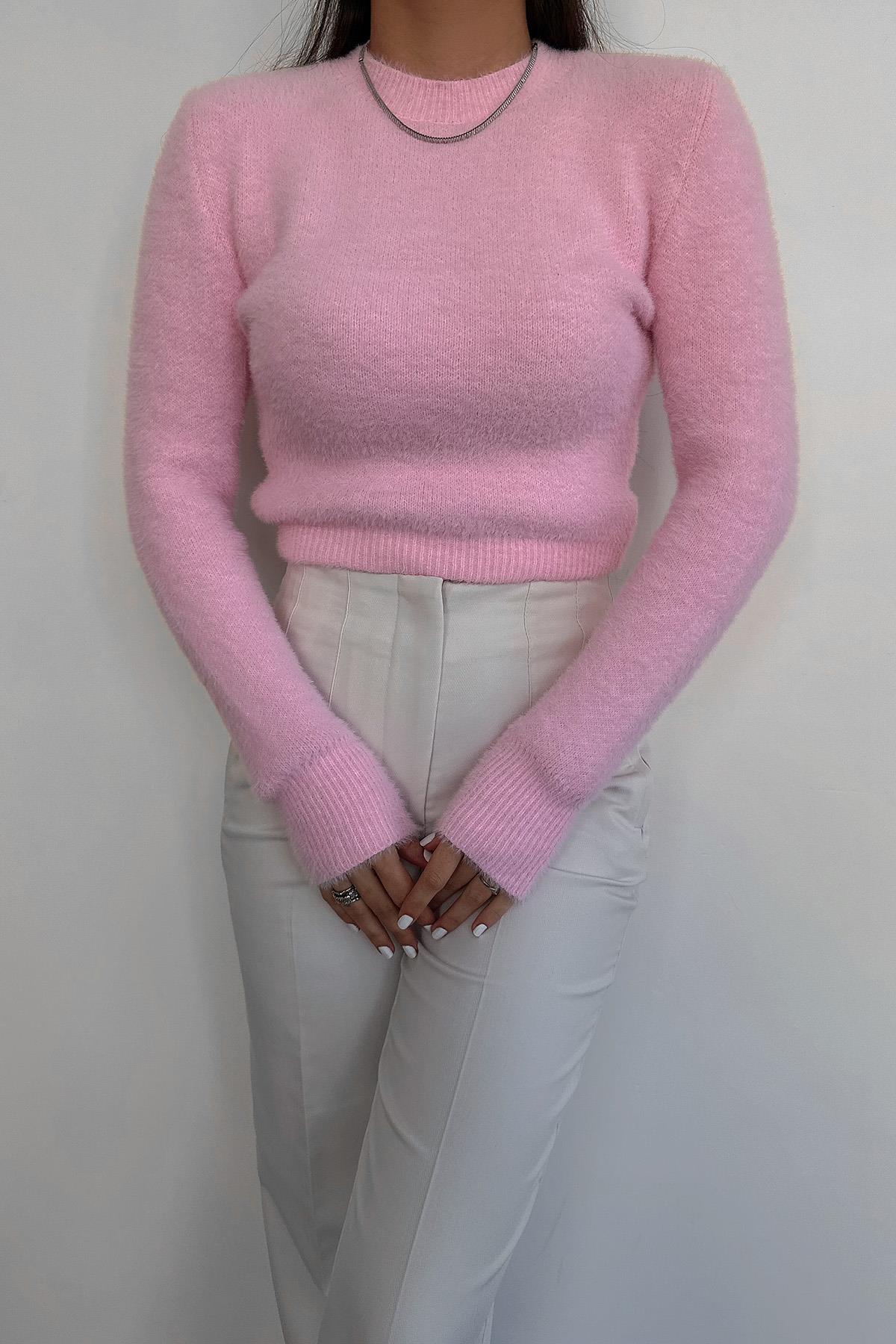 PELUŞ BİSİKLET YAKA BELİ LASTİKLİ KAZAK ŞEKER PEMBE