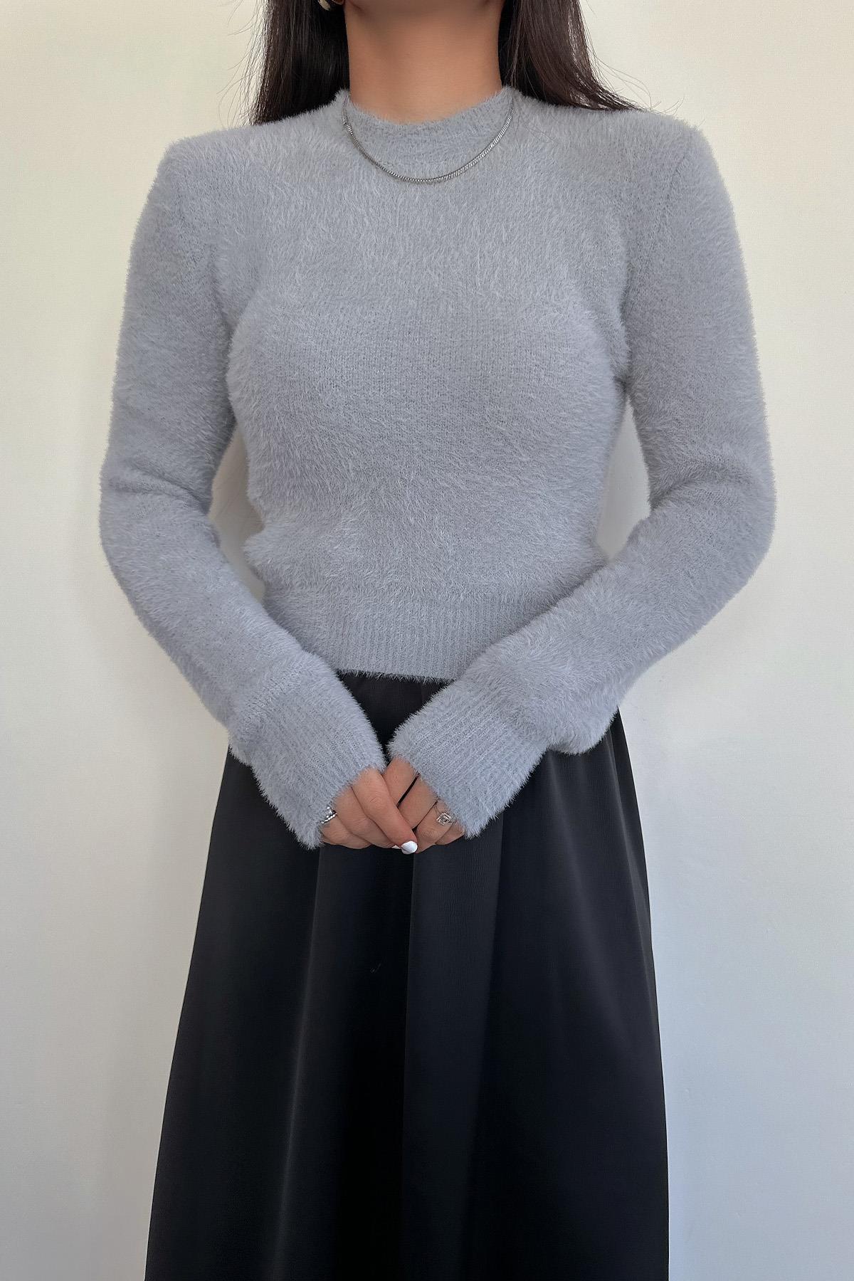 PELUŞ BİSİKLET YAKA BELİ LASTİKLİ KAZAK GRİ