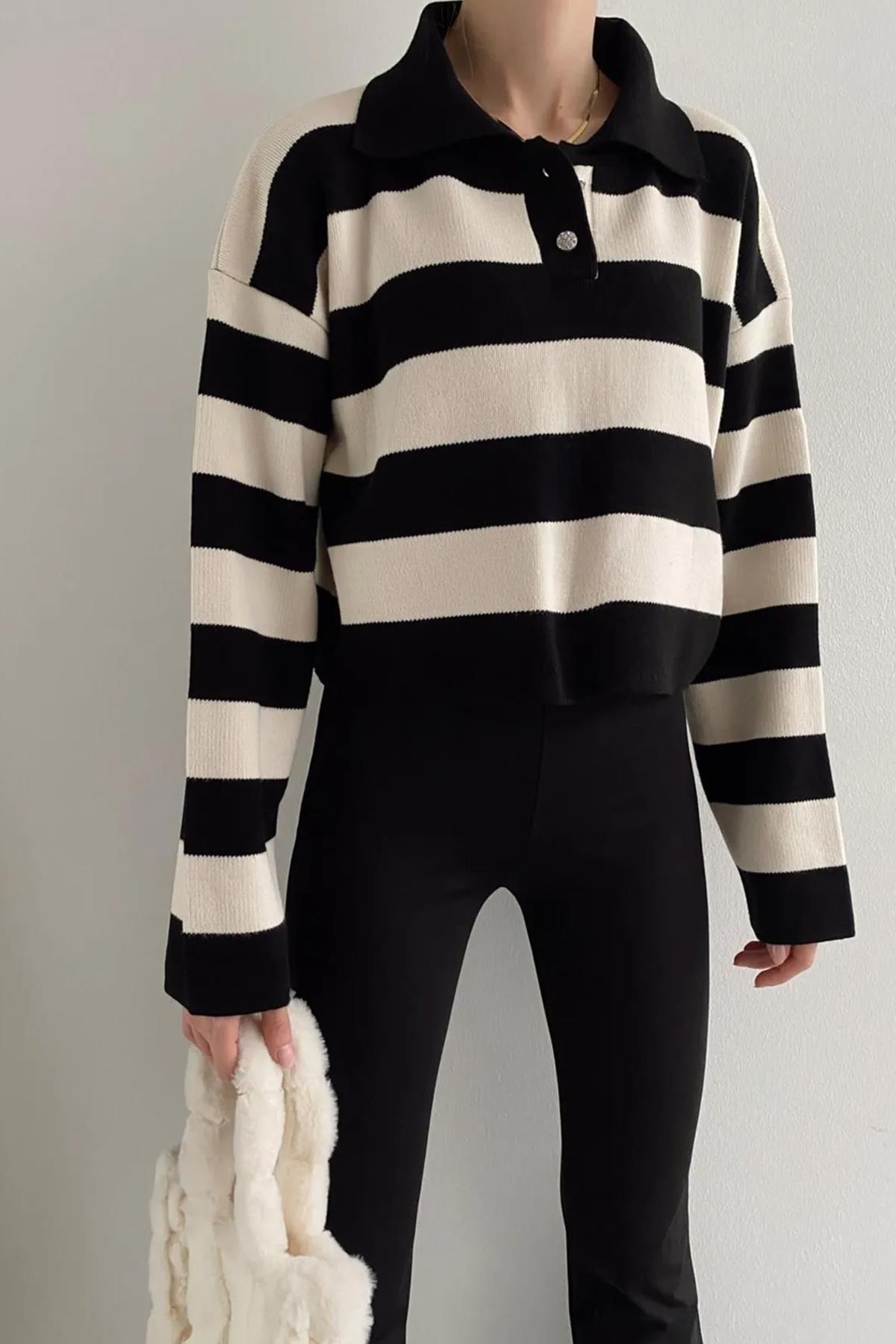 POLO YAKA TAŞLI DÜĞMELİ CROP KAZAK SİYAH-EKRU