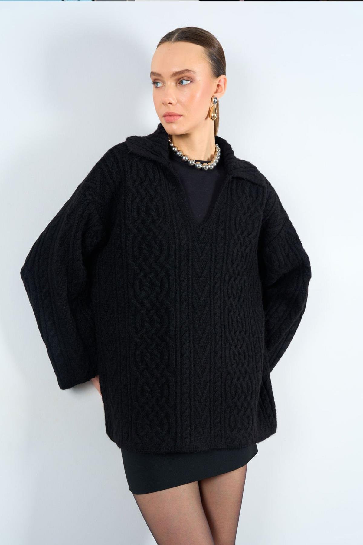 V YAKA ÖRGÜ DESEN TRİKO KAZAK SİYAH