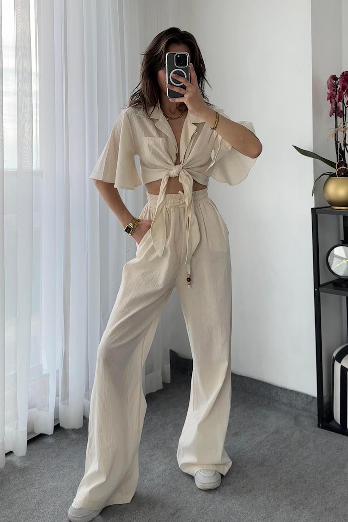 خصر مرن وسروال قطني طويل الأرجل بتفاصيل الخرز