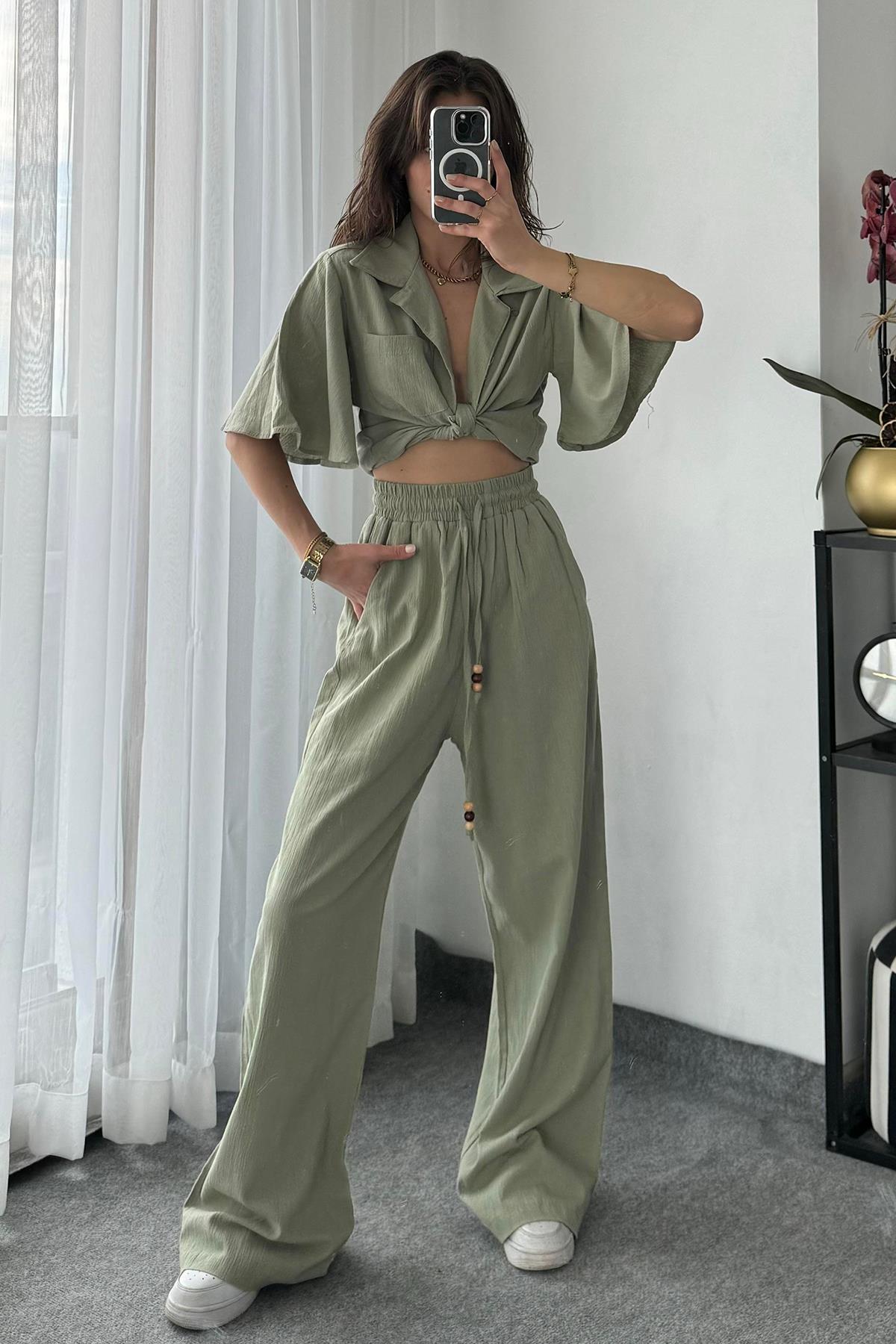 خصر مرن وسروال قطني طويل الأرجل بتفاصيل الخرز