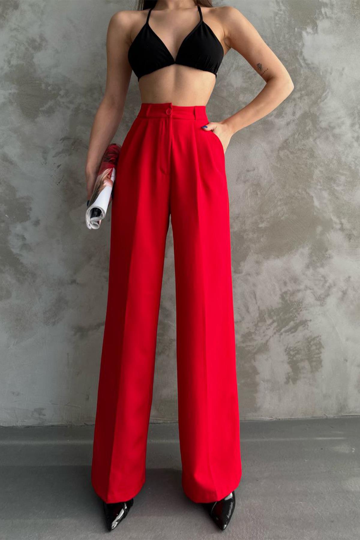 FERMUARLI CEPLİ PALAZZO PANTOLON KIRMIZI