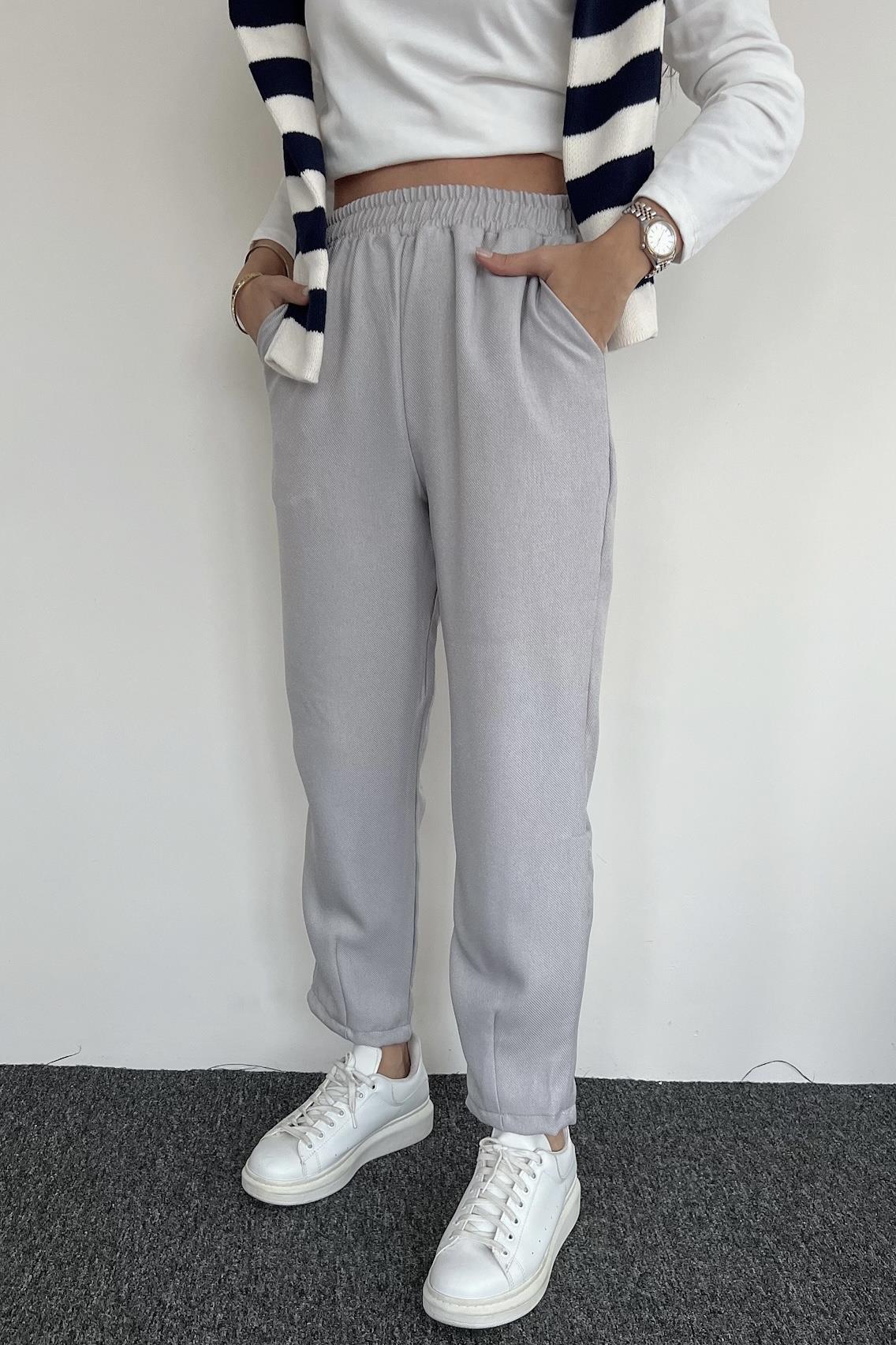 HAVUÇ KESİM BELİ LASTİKLİ KUMAŞ PANTOLON GRİ