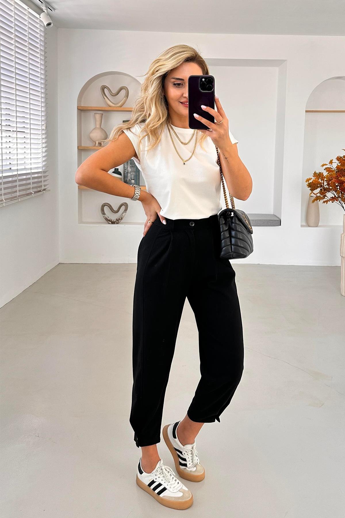 PAÇA DÜĞME DETAY PİLİSELİ SLOUCHY PANTOLON SİYAH