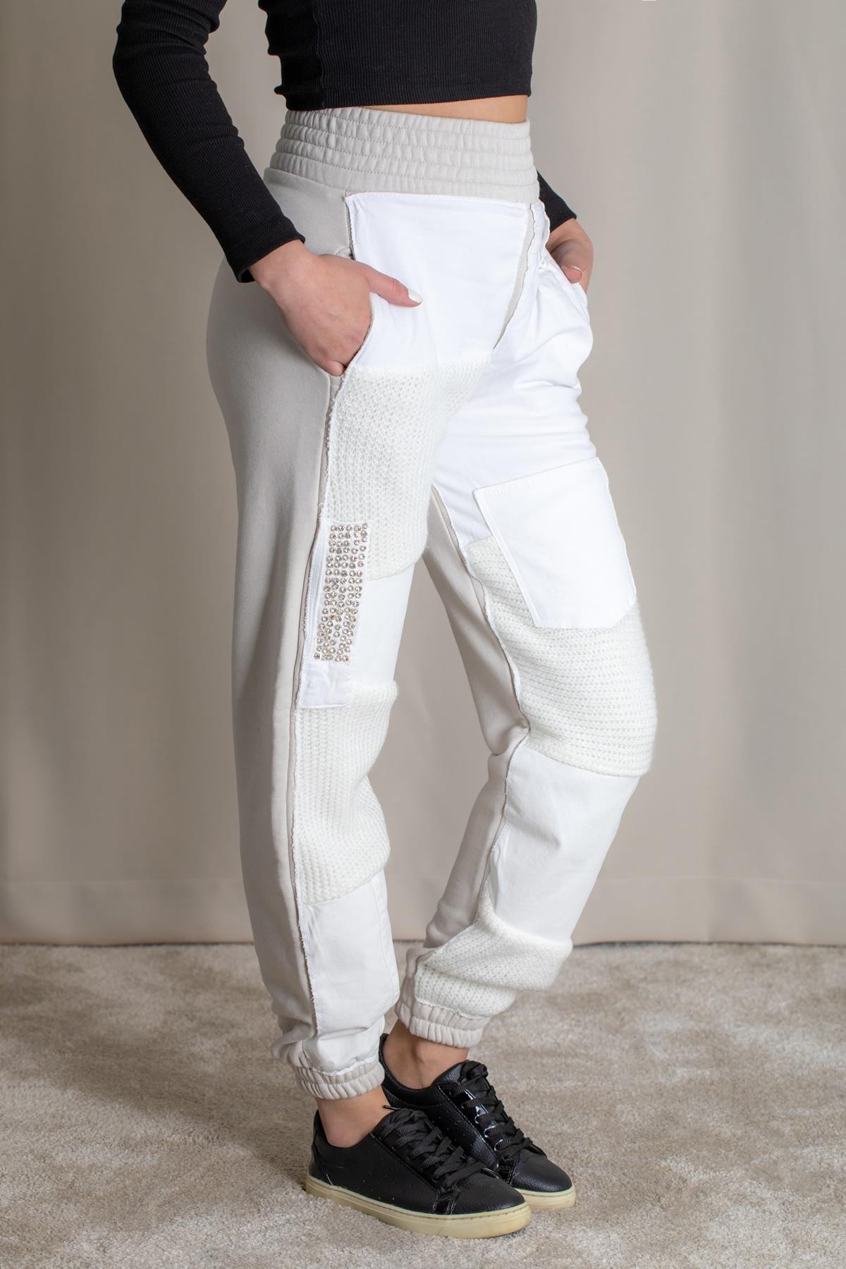 TAŞ VE TRİKO DETAYLI PANTOLON BEYAZ