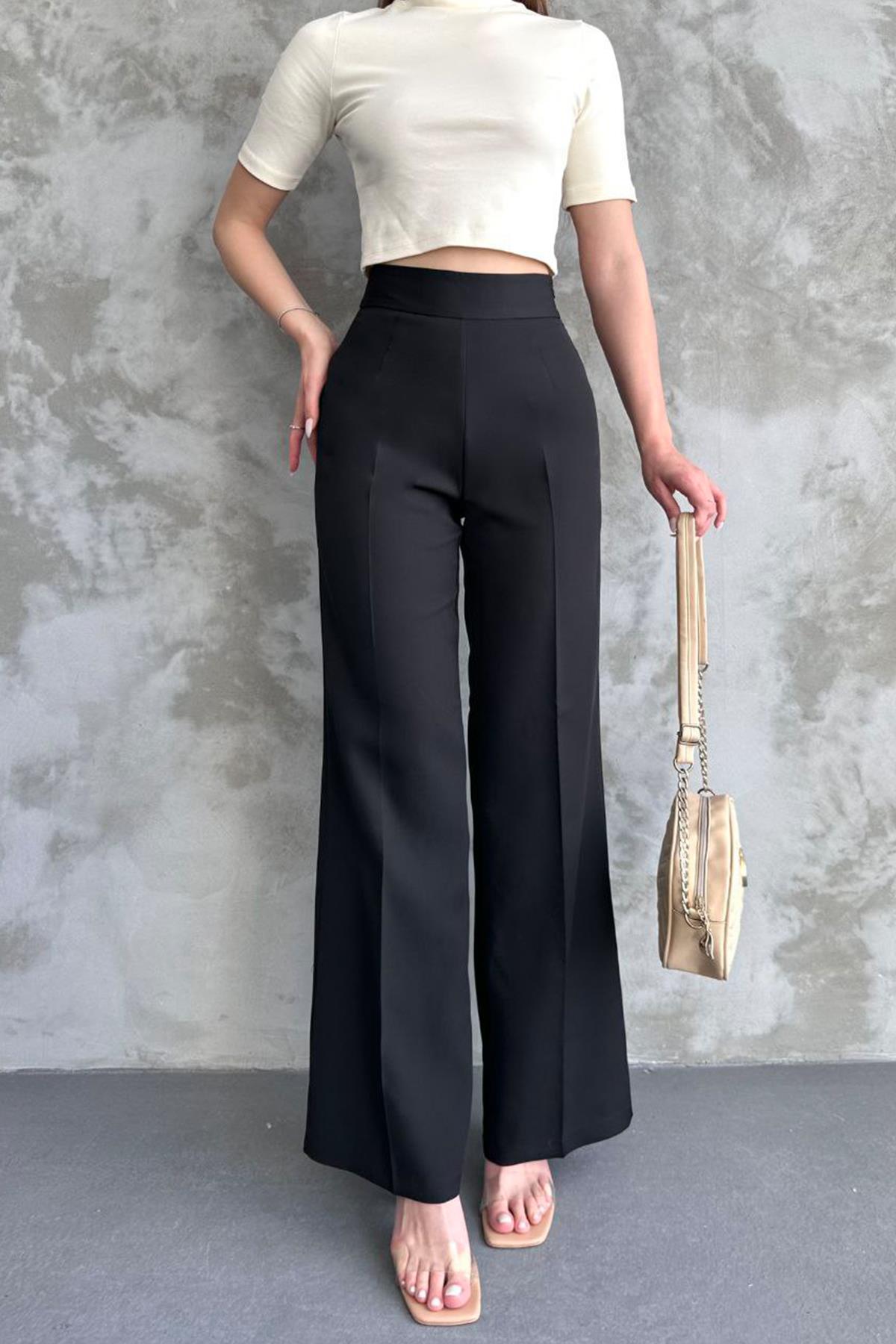 YANDAN FERMUARLI KUMAŞ PANTOLON SİYAH