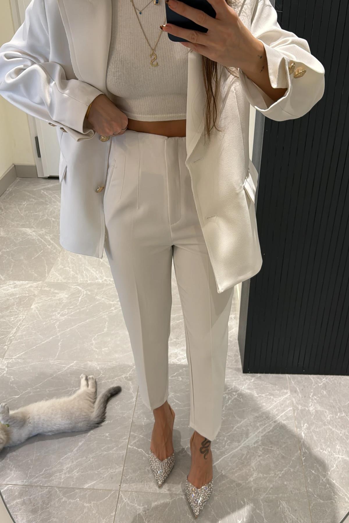 YÜKSEK BEL PENSLİ PREMIUM KUMAŞ PANTOLON TAŞ