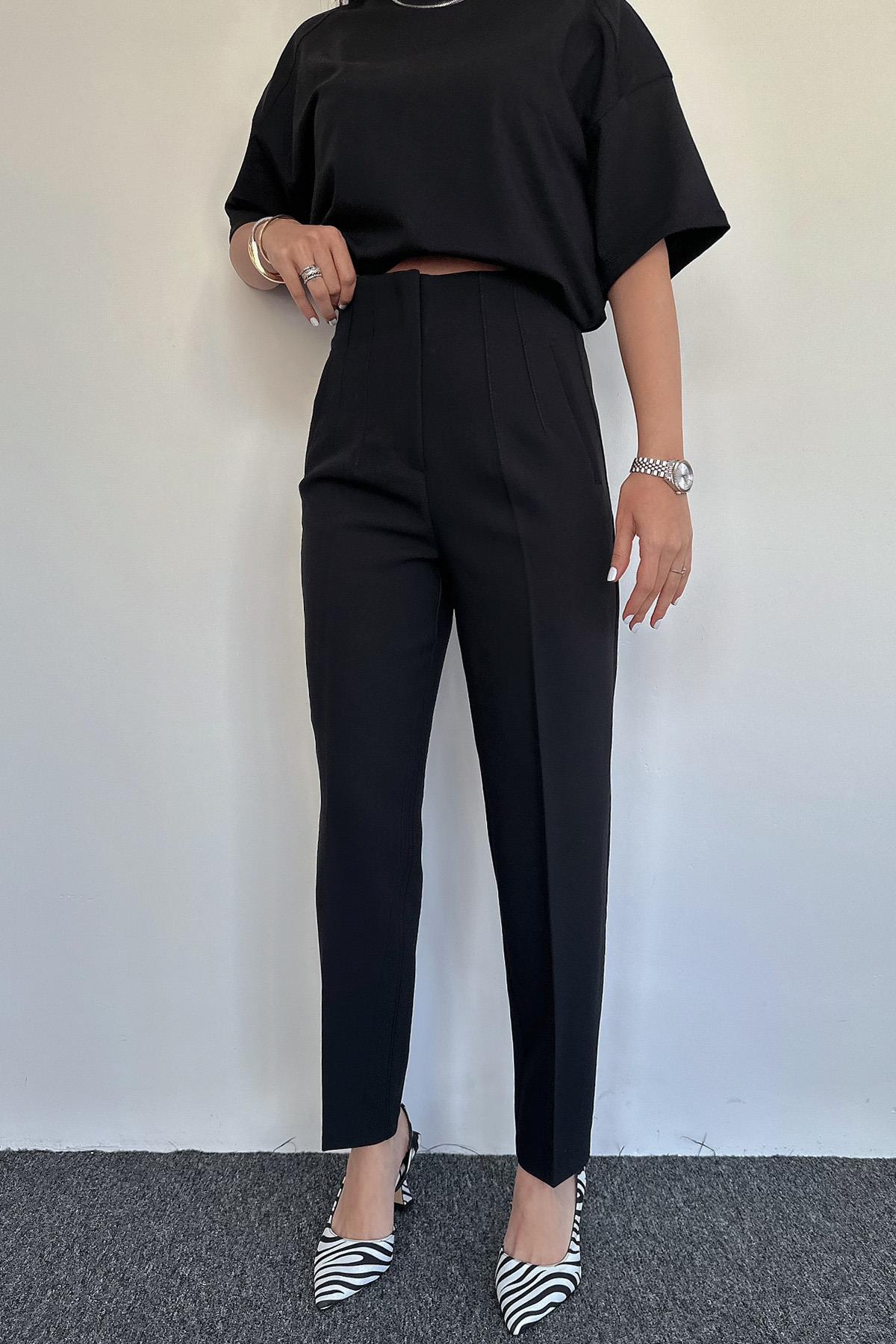 YÜKSEK BEL PENSLİ PREMIUM KUMAŞ PANTOLON SİYAH