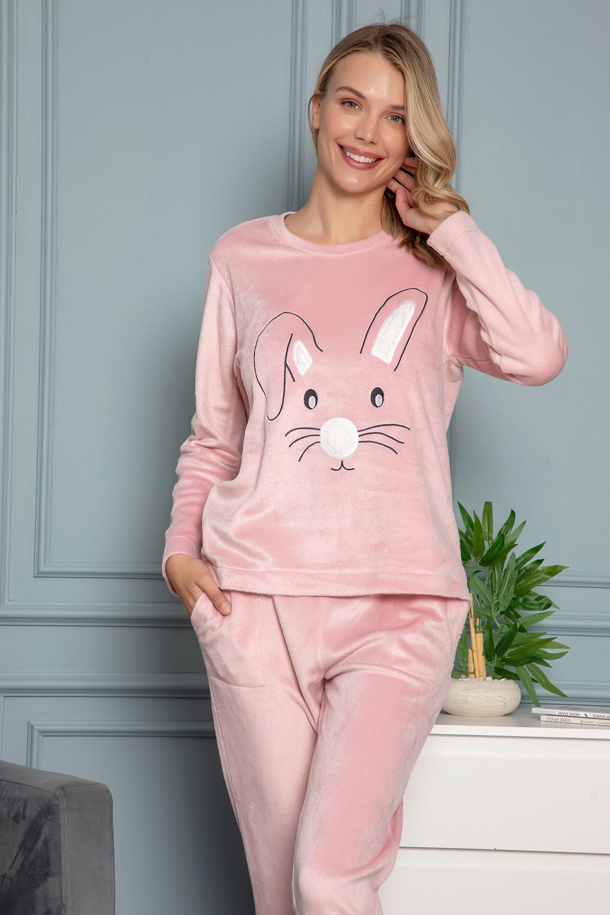 Tavşan Nakışlı Polar Uzun Kollu Pijama Takımı PEMBE
