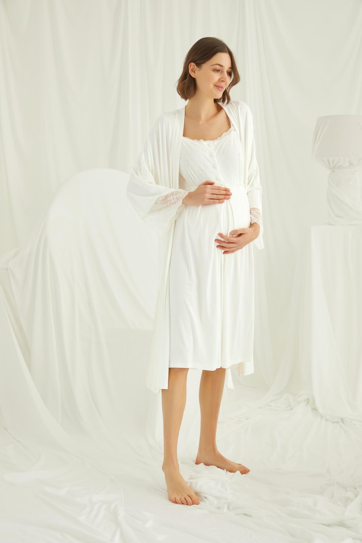 Dantelli Önü Düğmeli Hamile Lohusa Sabahlık Takımı EKRU