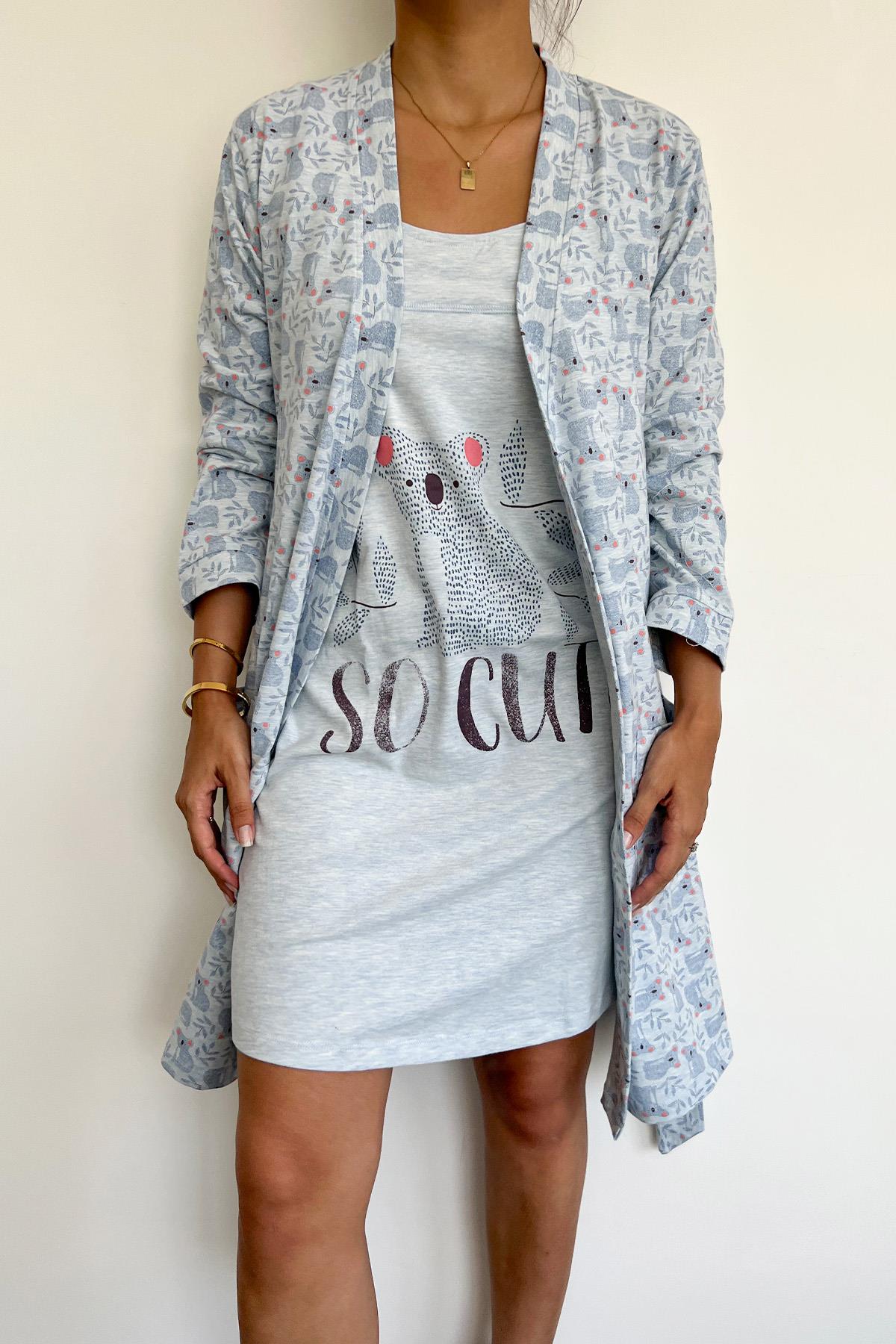 Koala Desenli ve Baskılı Sabahlık Takımı MAVİ